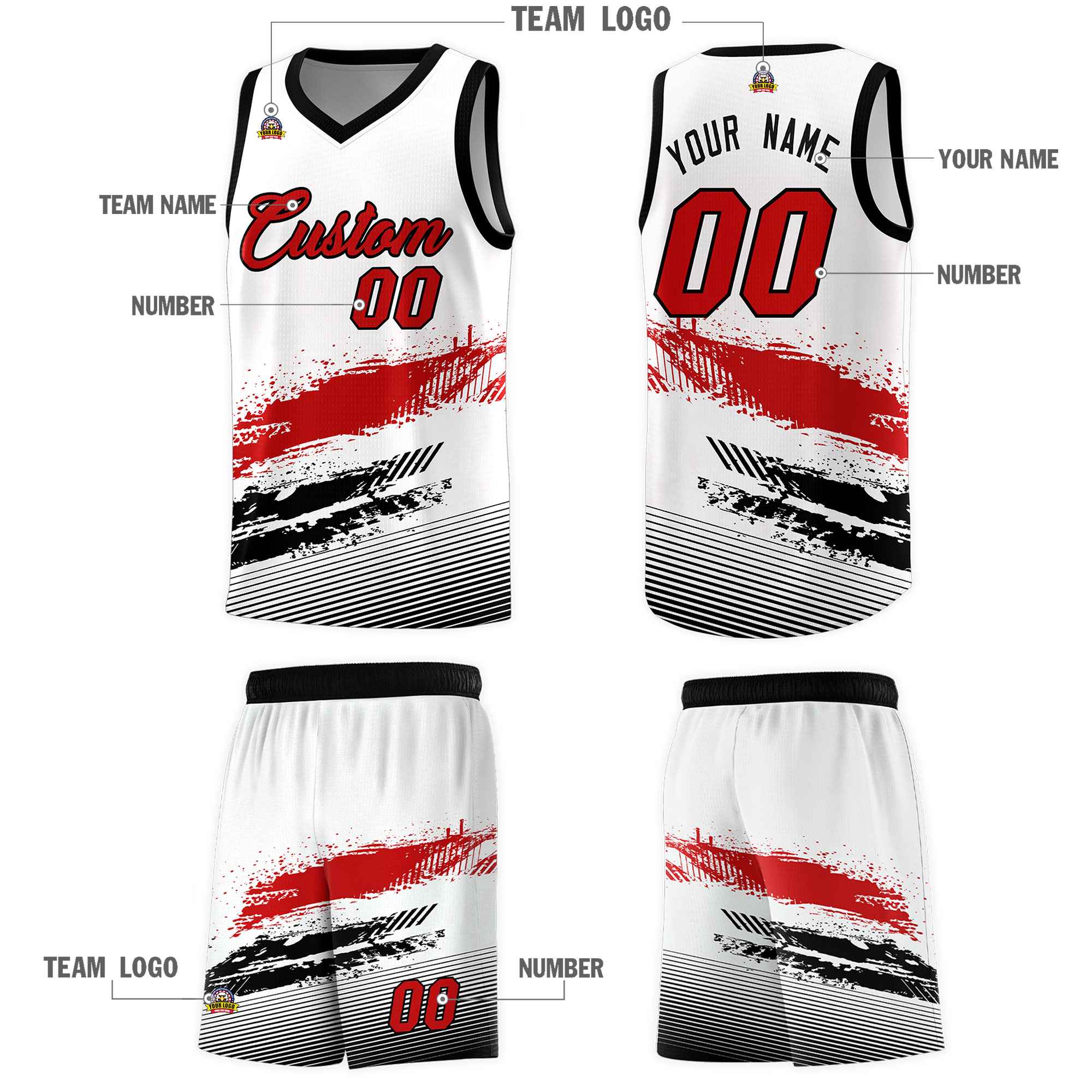 Custom White Red and Black Graffiti Pattern Sports Uniform Basketball Jersey