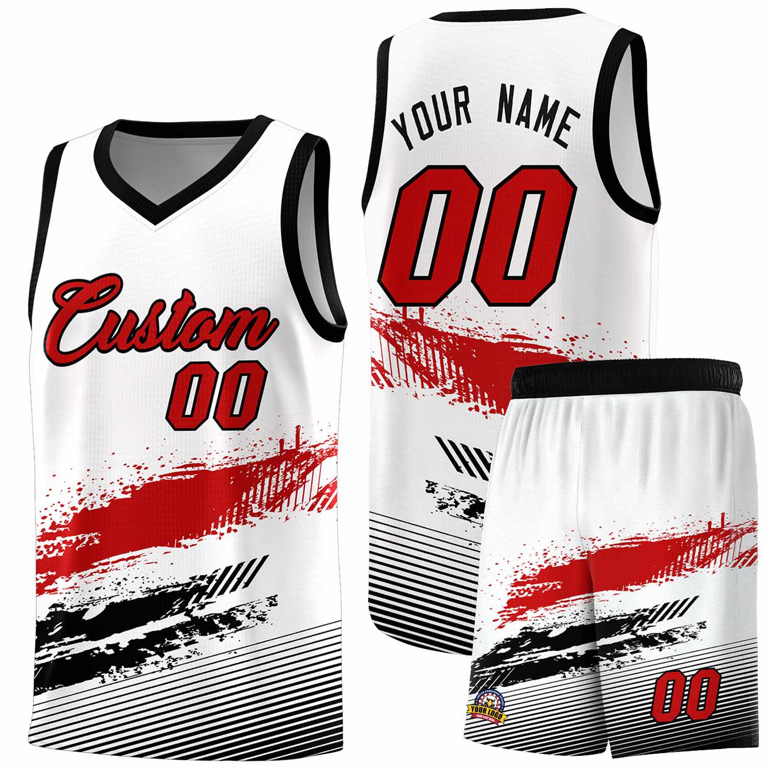 Custom White Red and Black Graffiti Pattern Sports Uniform Basketball Jersey