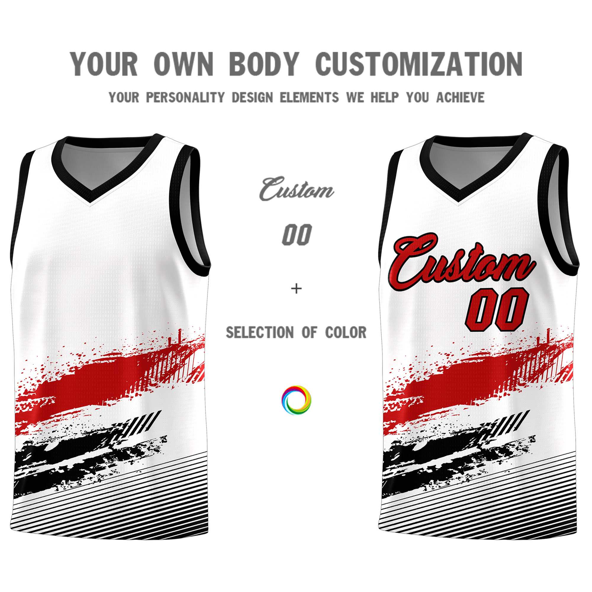 Custom White Red and Black Graffiti Pattern Sports Uniform Basketball Jersey