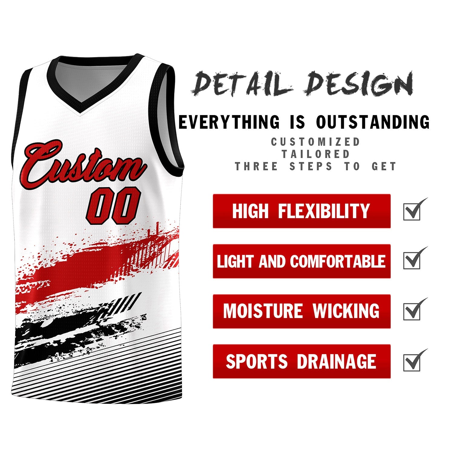 Custom White Red and Black Graffiti Pattern Sports Uniform Basketball Jersey