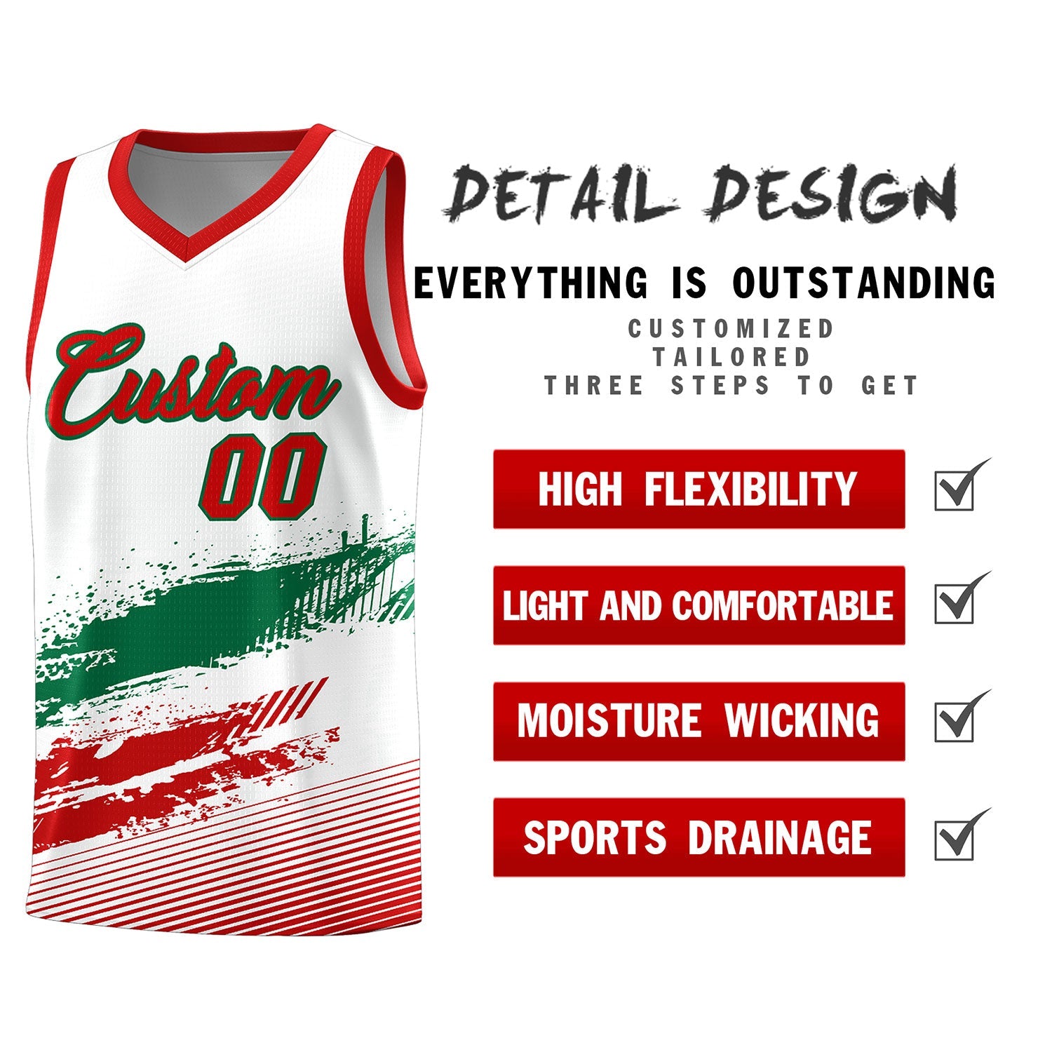 Custom White Kelly Green and Red Graffiti Pattern Sports Uniform Basketball Jersey