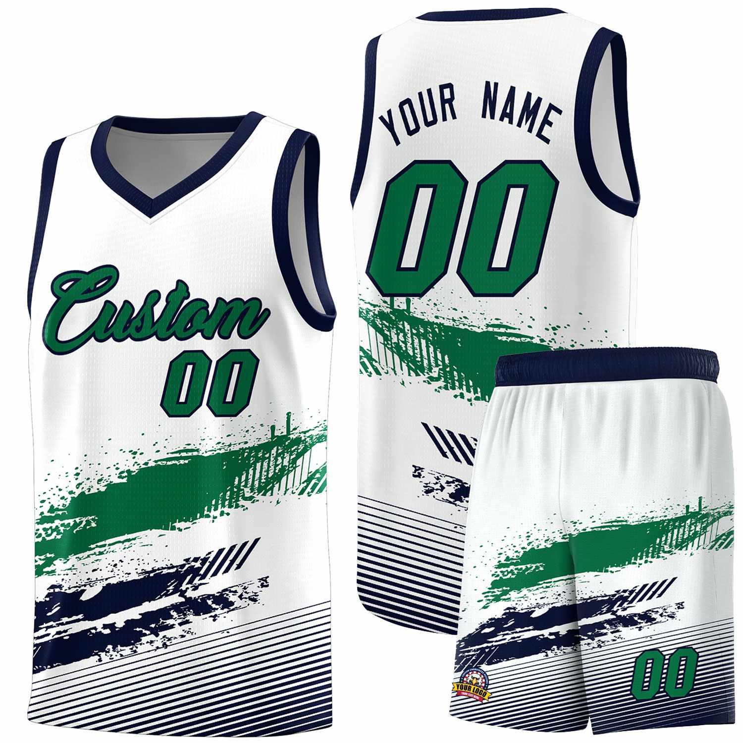 Custom White Kelly Green and Navy Graffiti Pattern Sports Uniform Basketball Jersey