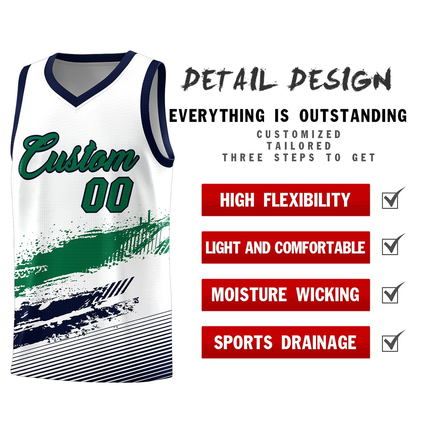 Custom White Kelly Green and Navy Graffiti Pattern Sports Uniform Basketball Jersey