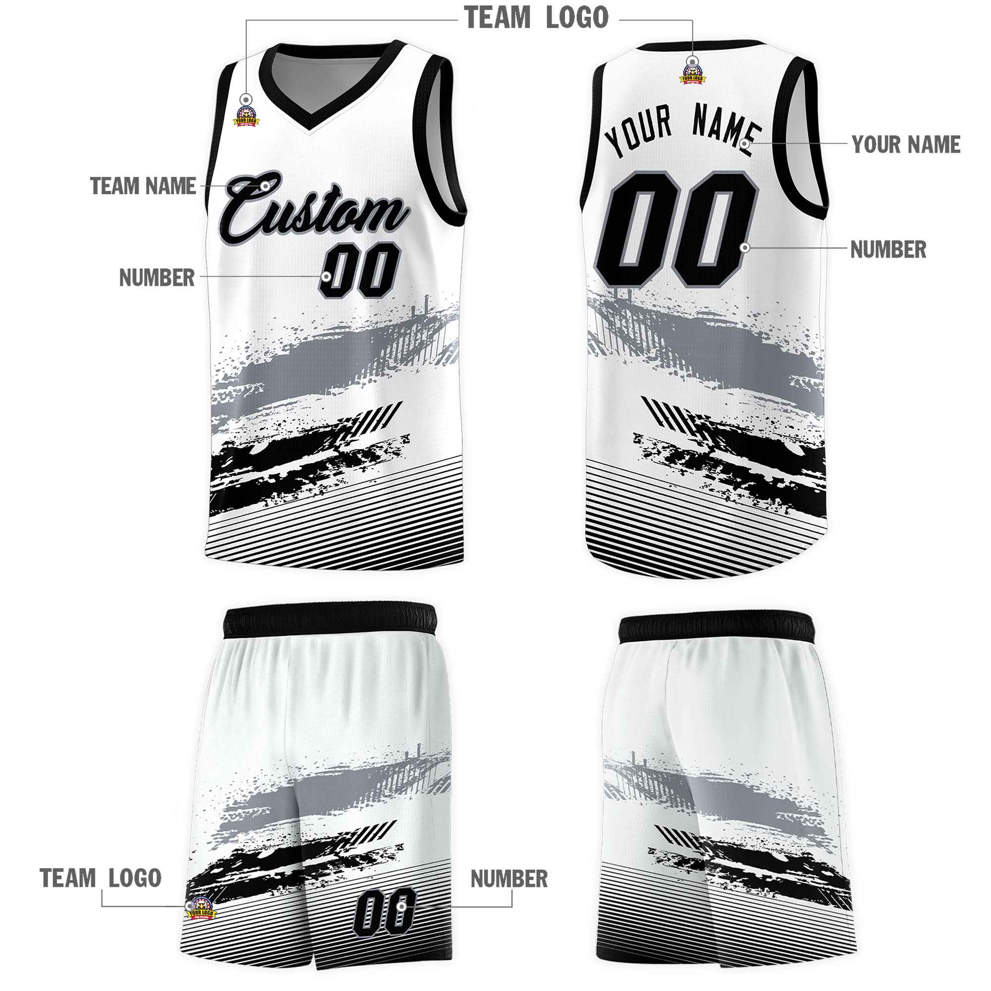 Custom White Gray and Black Graffiti Pattern Sports Uniform Basketball Jersey