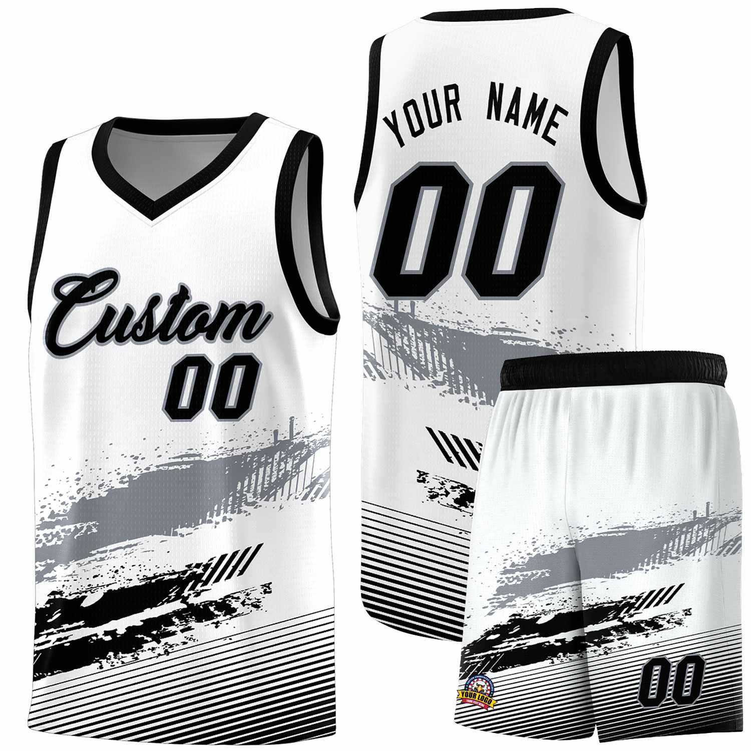 Custom White Gray and Black Graffiti Pattern Sports Uniform Basketball Jersey