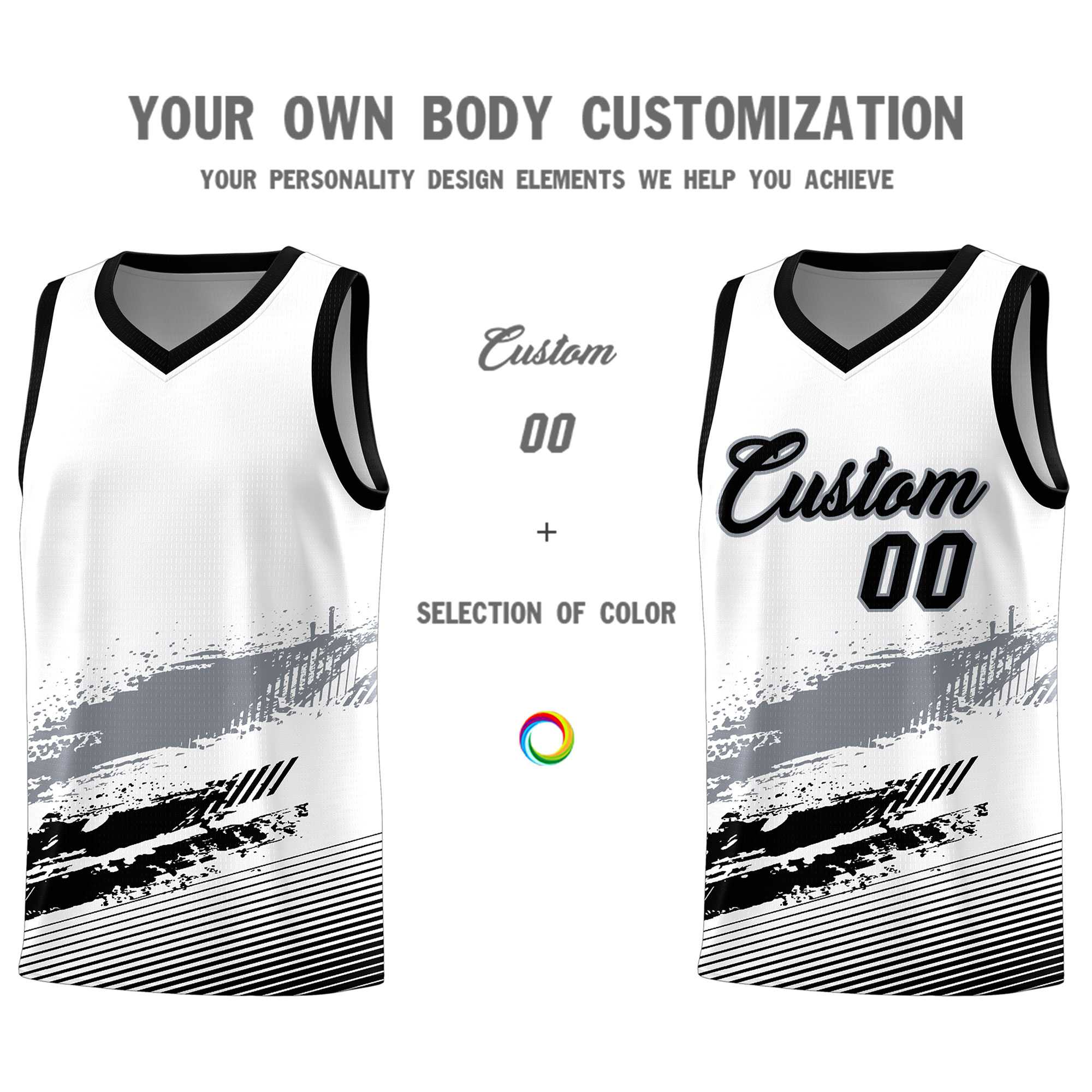 Custom White Gray and Black Graffiti Pattern Sports Uniform Basketball Jersey