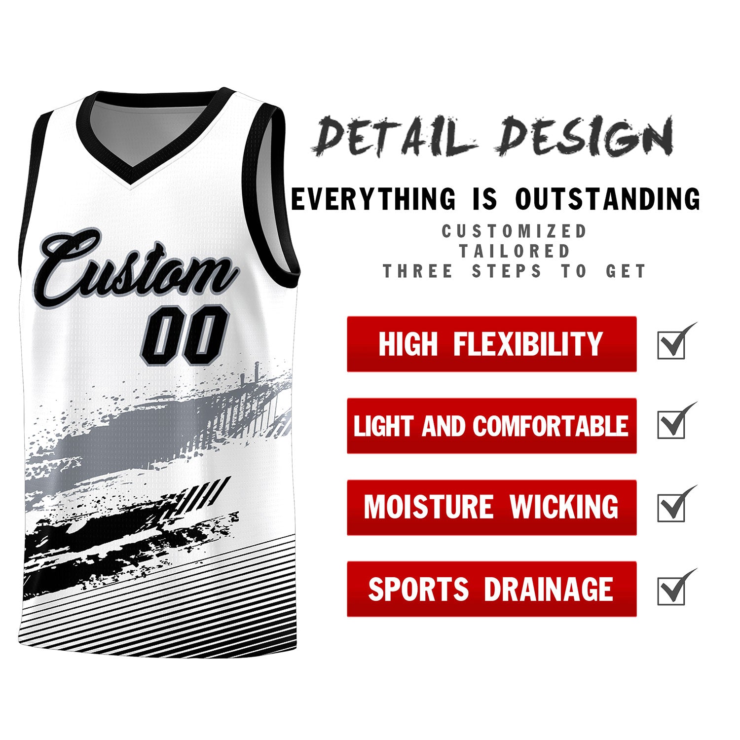 Custom White Gray and Black Graffiti Pattern Sports Uniform Basketball Jersey