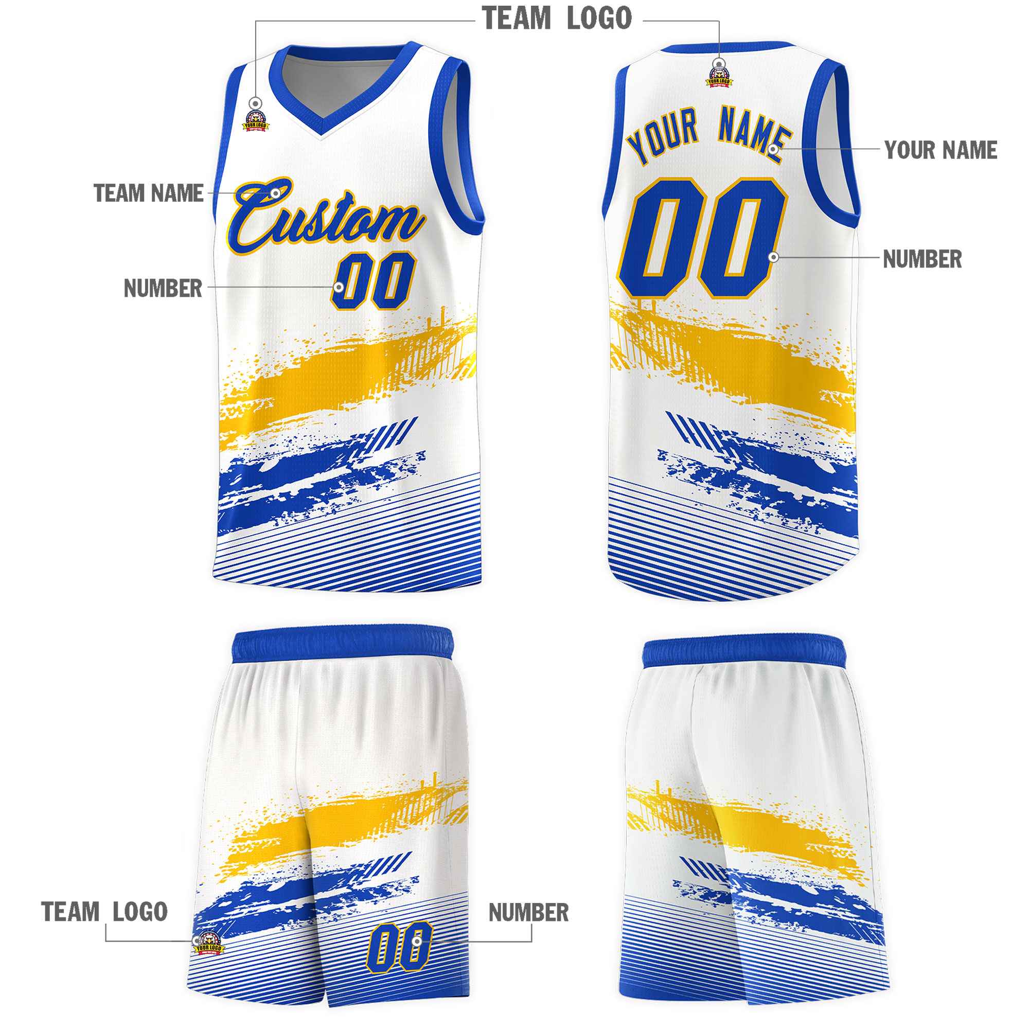 Custom White Yellow and Royal Graffiti Pattern Sports Uniform Basketball Jersey