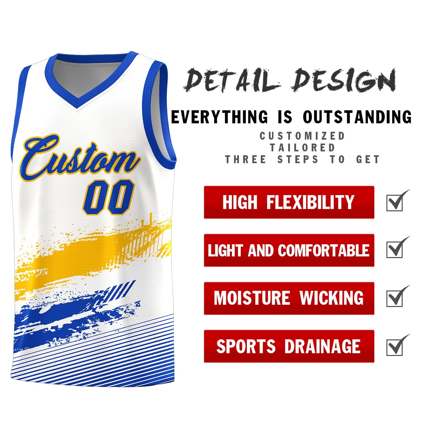 Custom White Yellow and Royal Graffiti Pattern Sports Uniform Basketball Jersey