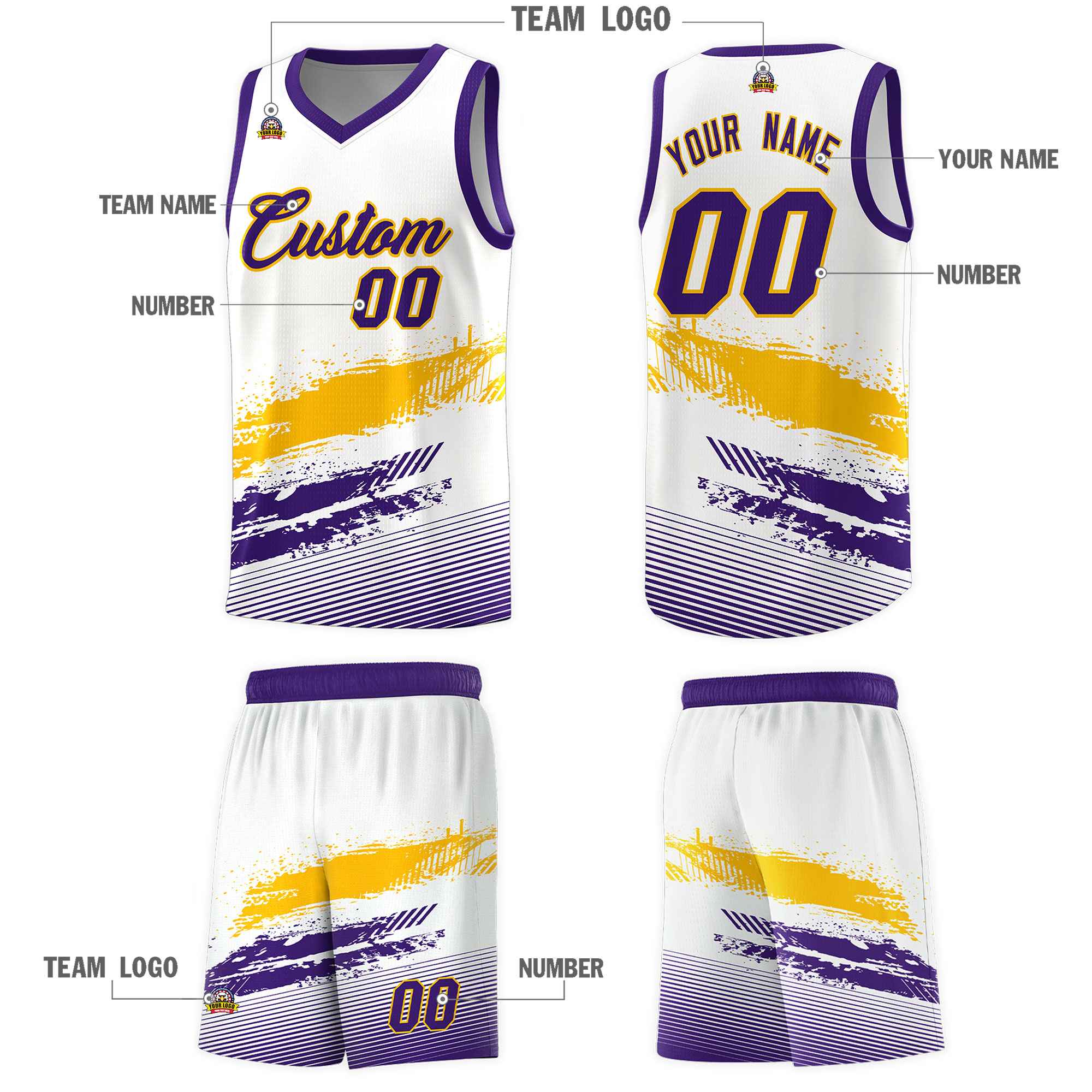 Custom White Yellow and Purple Graffiti Pattern Sports Uniform Basketball Jersey