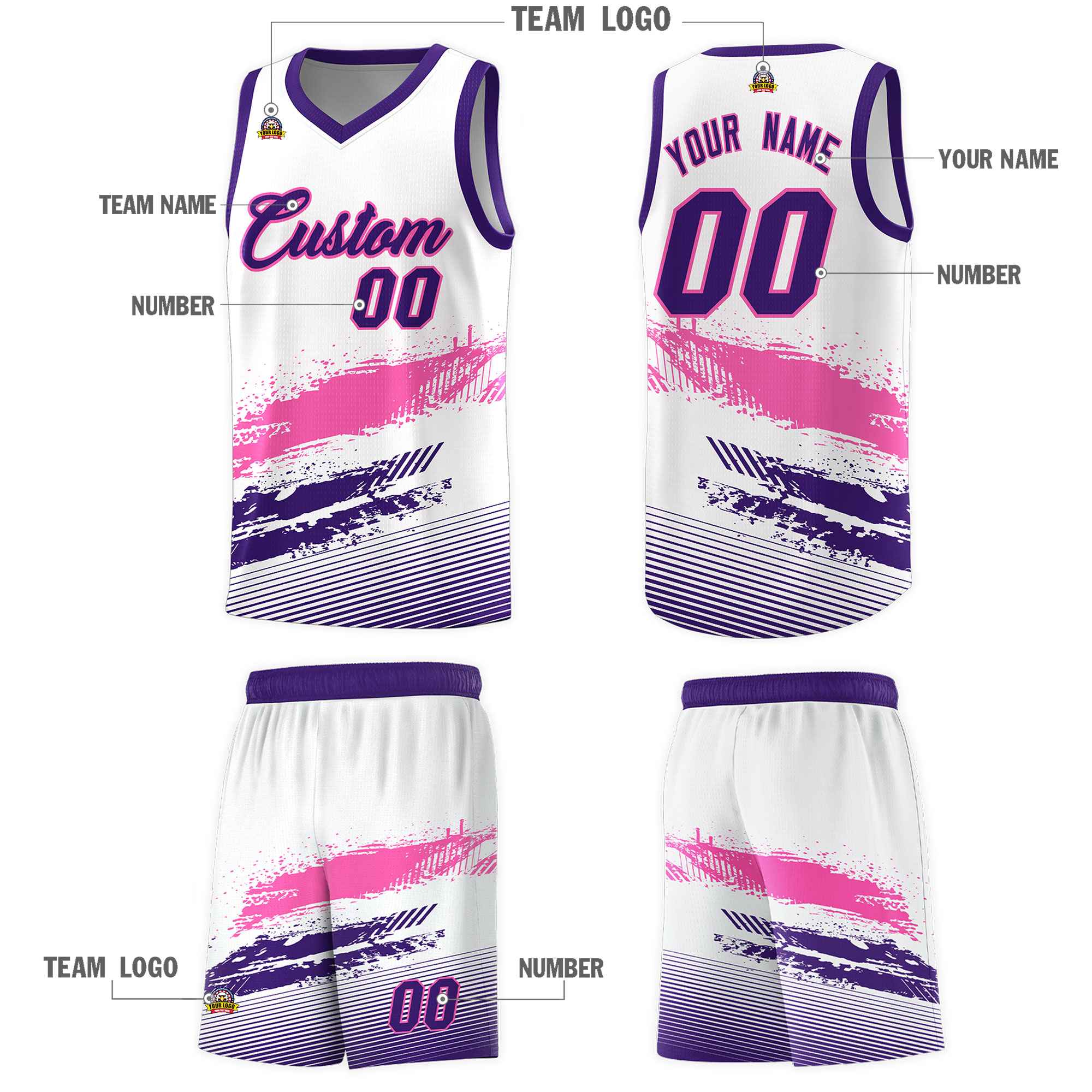 Custom White Pink and Purple Graffiti Pattern Sports Uniform Basketball Jersey