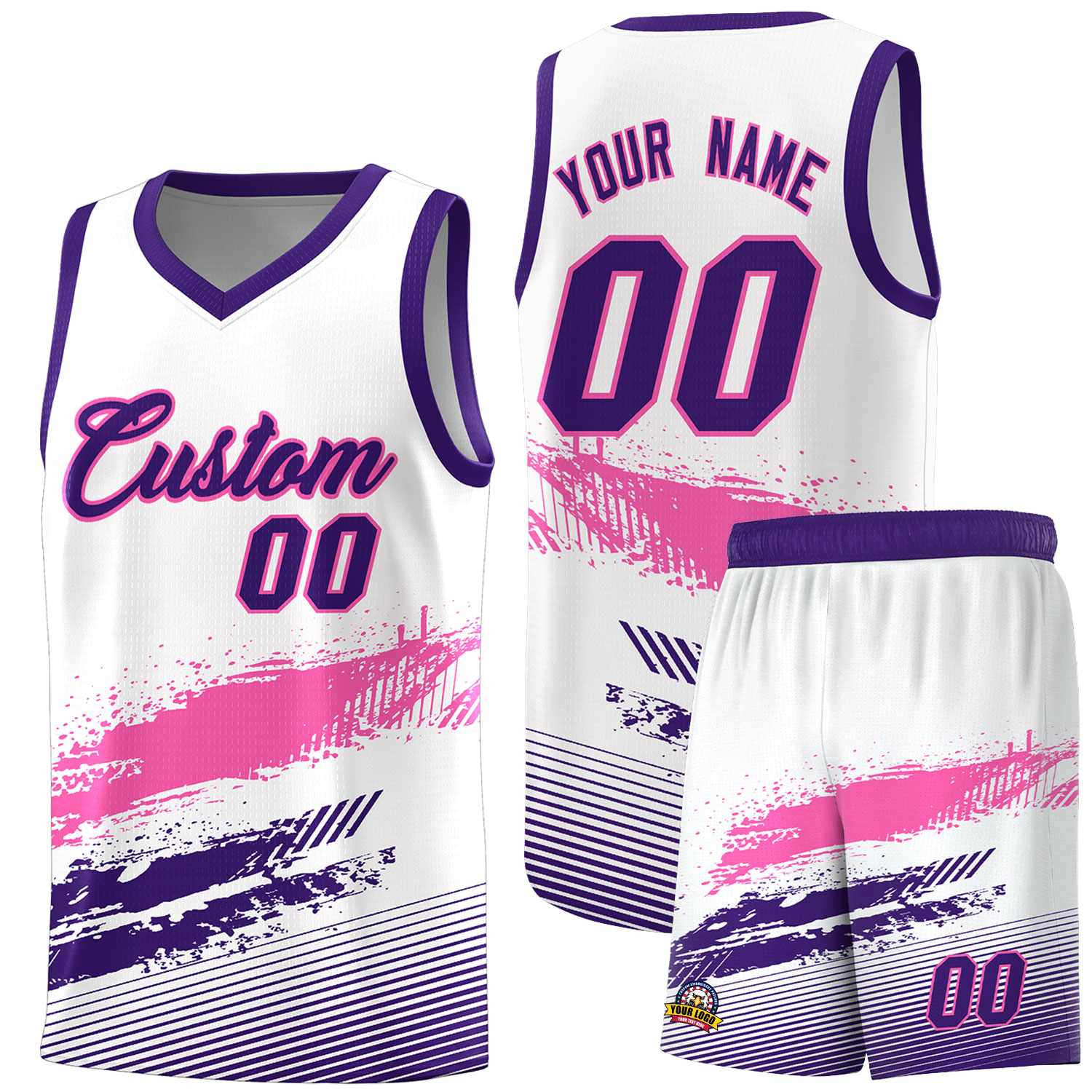 Custom White Pink and Purple Graffiti Pattern Sports Uniform Basketball Jersey