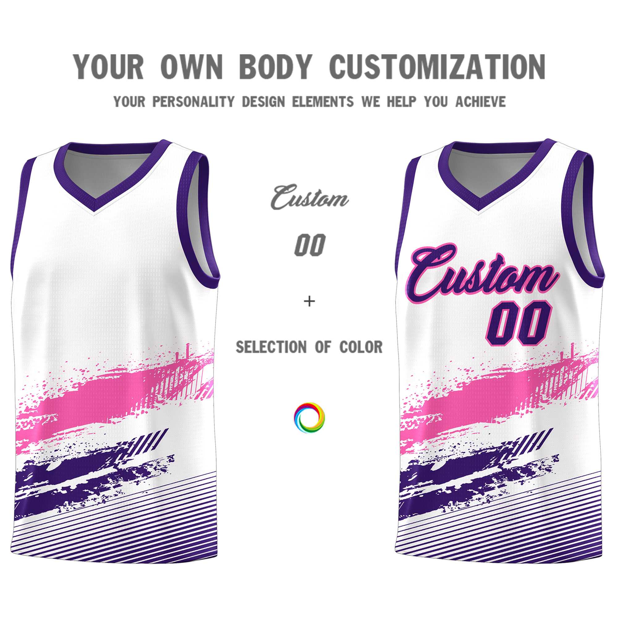 Custom White Pink and Purple Graffiti Pattern Sports Uniform Basketball Jersey