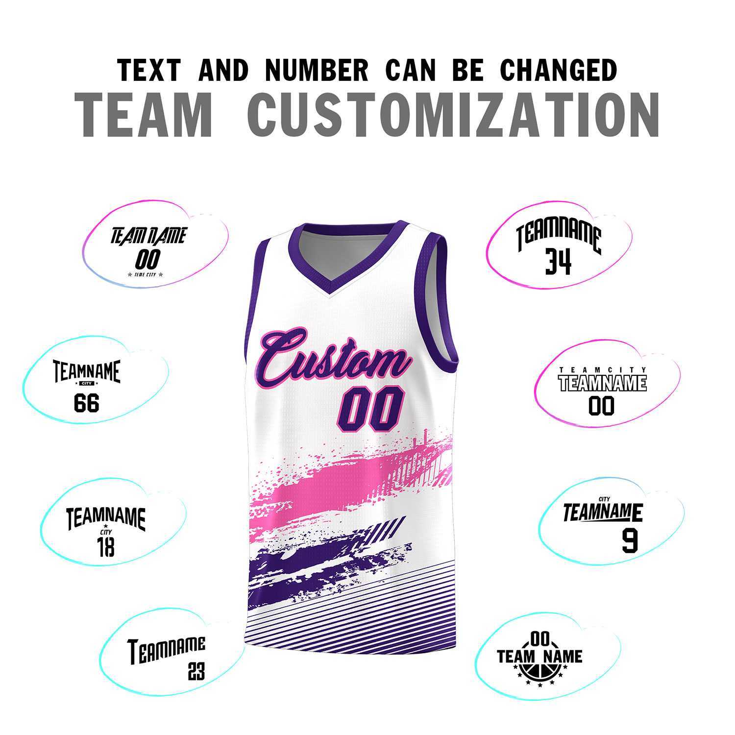 Custom White Pink and Purple Graffiti Pattern Sports Uniform Basketball Jersey