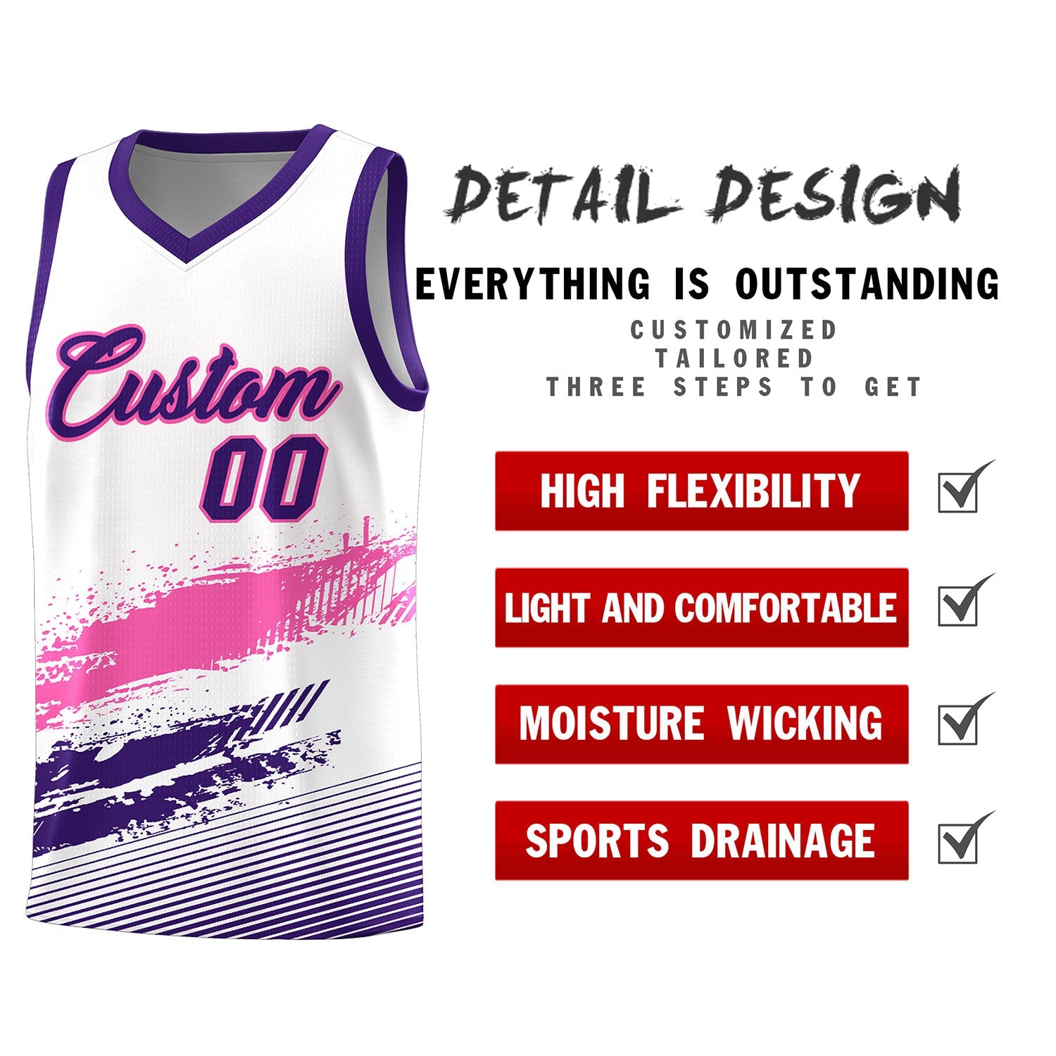 Custom White Pink and Purple Graffiti Pattern Sports Uniform Basketball Jersey