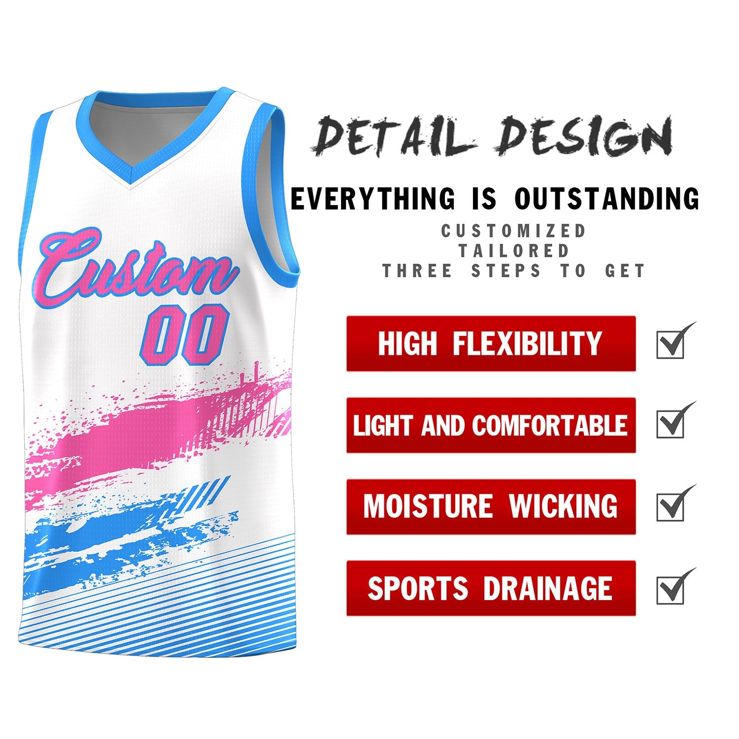 Custom White Pink and Powder Blue Graffiti Pattern Sports Uniform Basketball Jersey