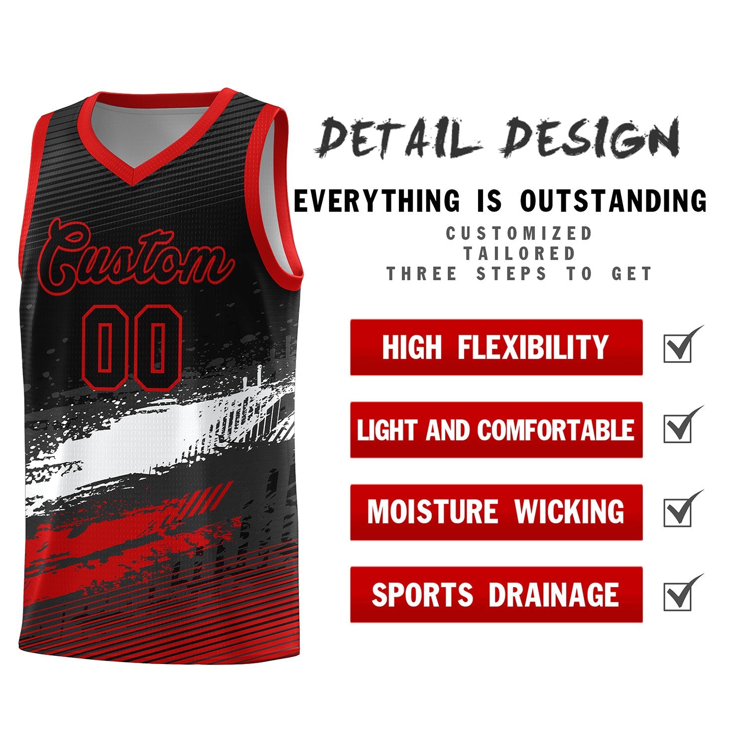 Custom Black White and Red Graffiti Pattern Sports Uniform Basketball Jersey