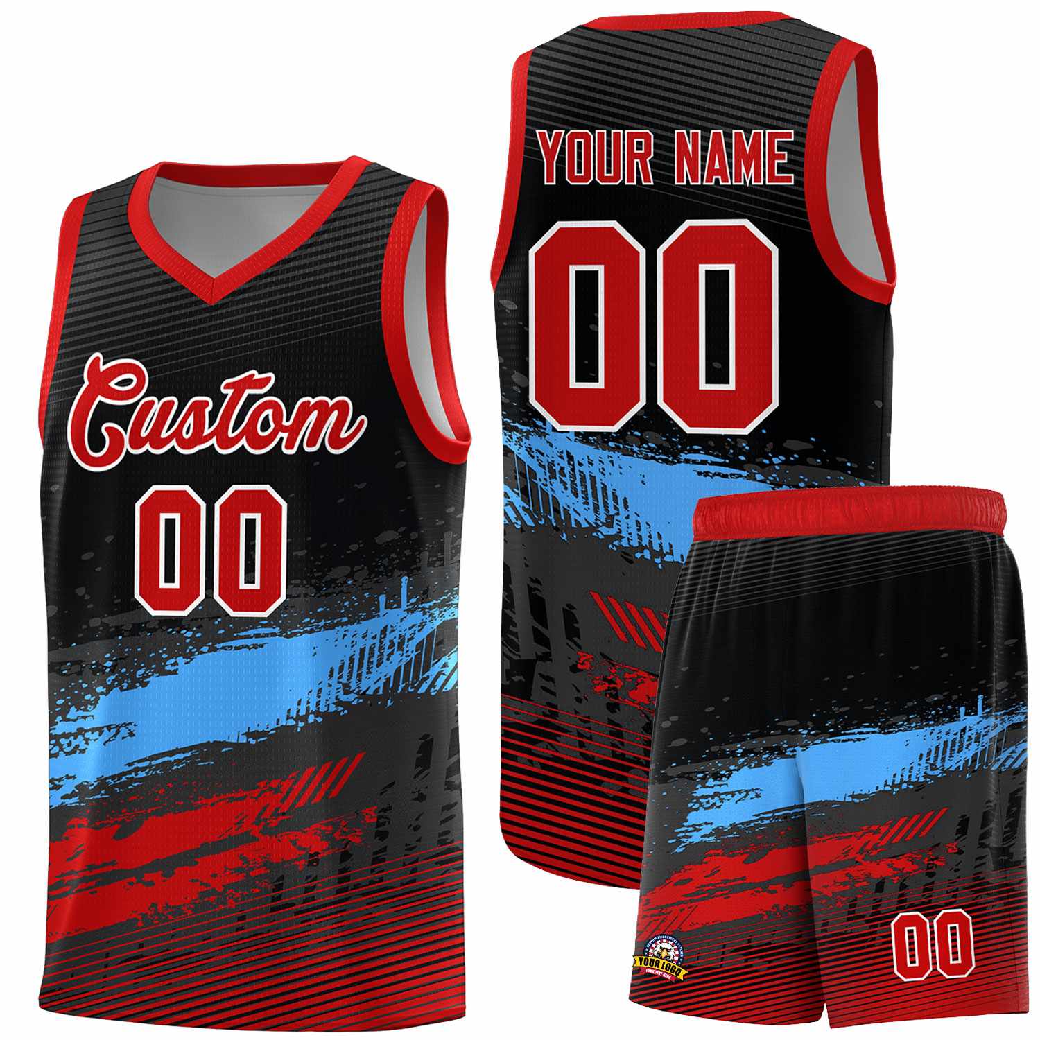 Custom Black Powder Blue and Red Graffiti Pattern Sports Uniform Basketball Jersey