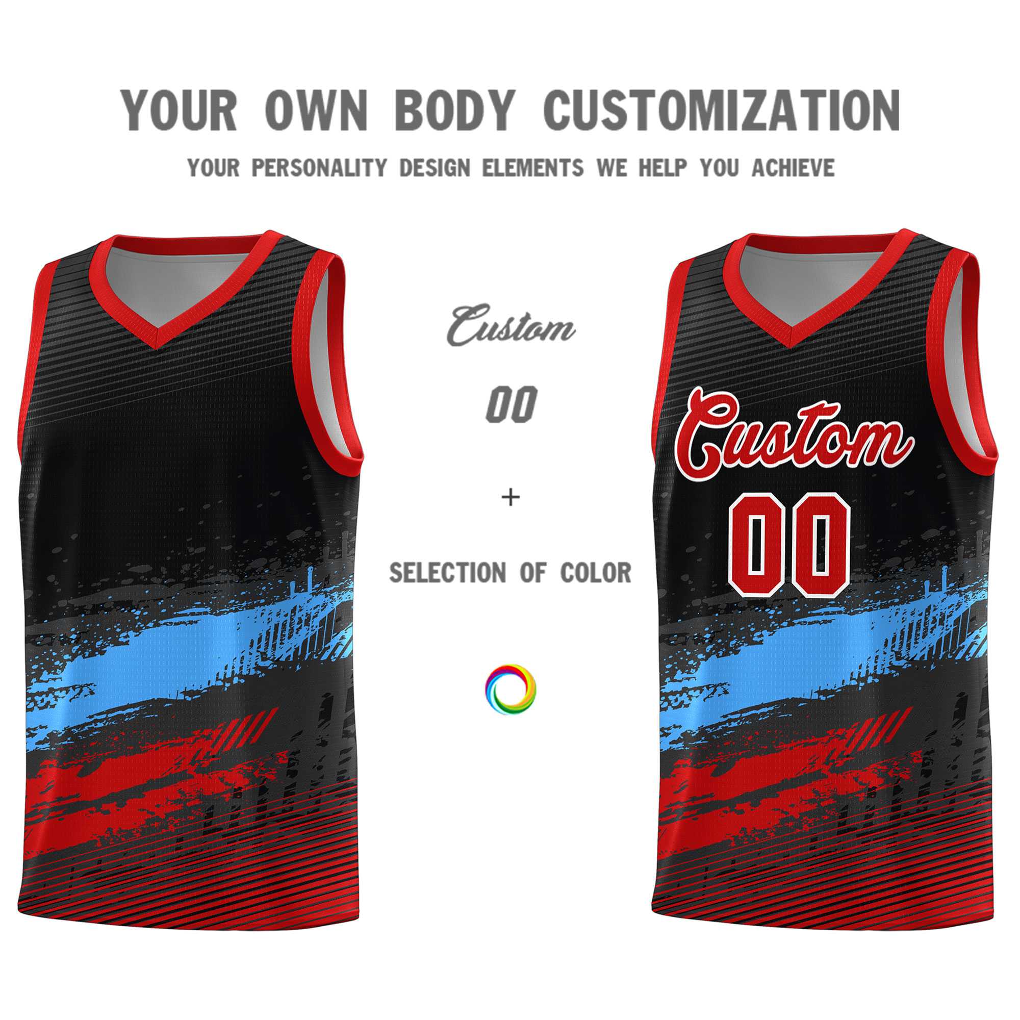 Custom Black Powder Blue and Red Graffiti Pattern Sports Uniform Basketball Jersey