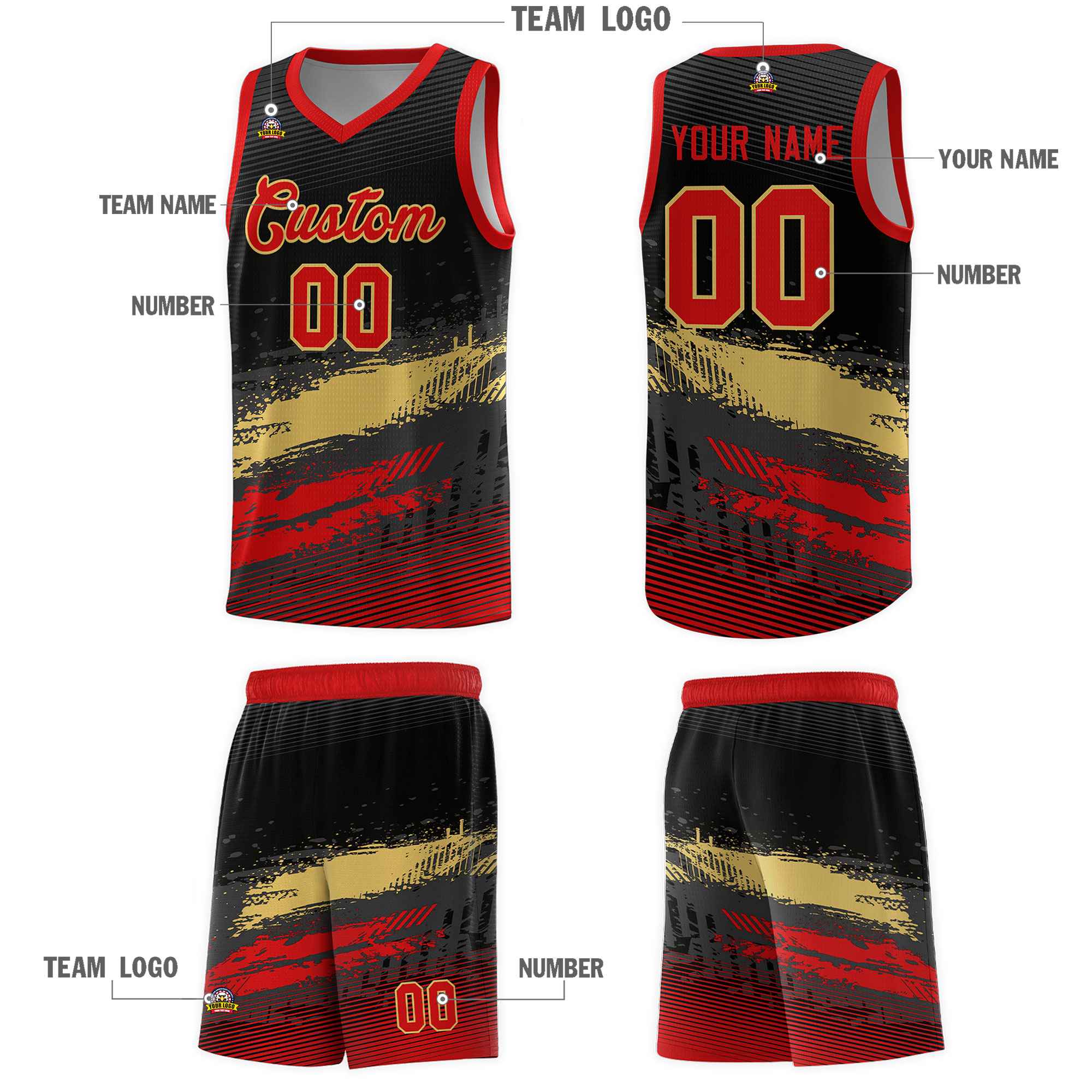 Custom Black Khaki and Red Graffiti Pattern Sports Uniform Basketball Jersey