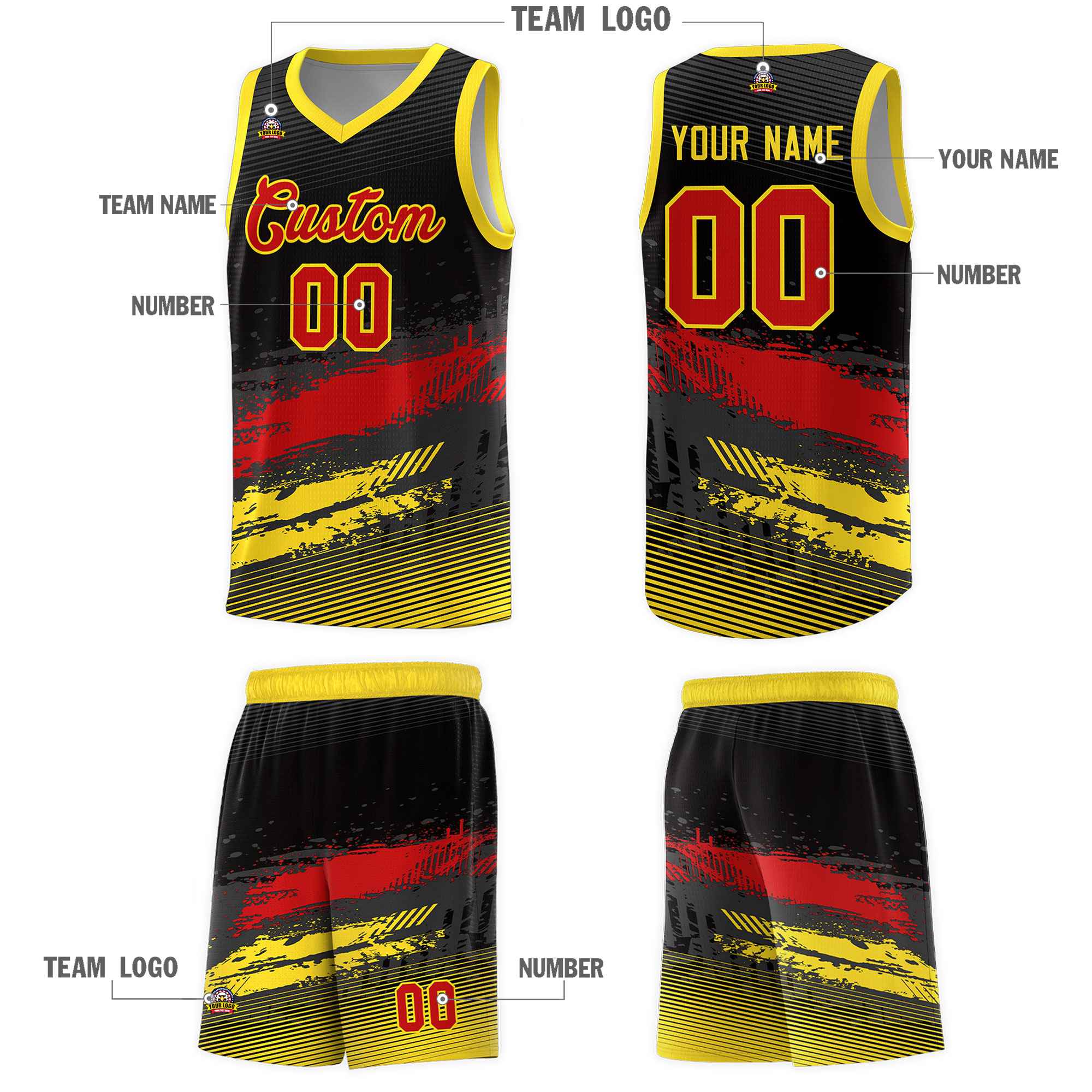 Custom Black Red and Gold Graffiti Pattern Sports Uniform Basketball Jersey