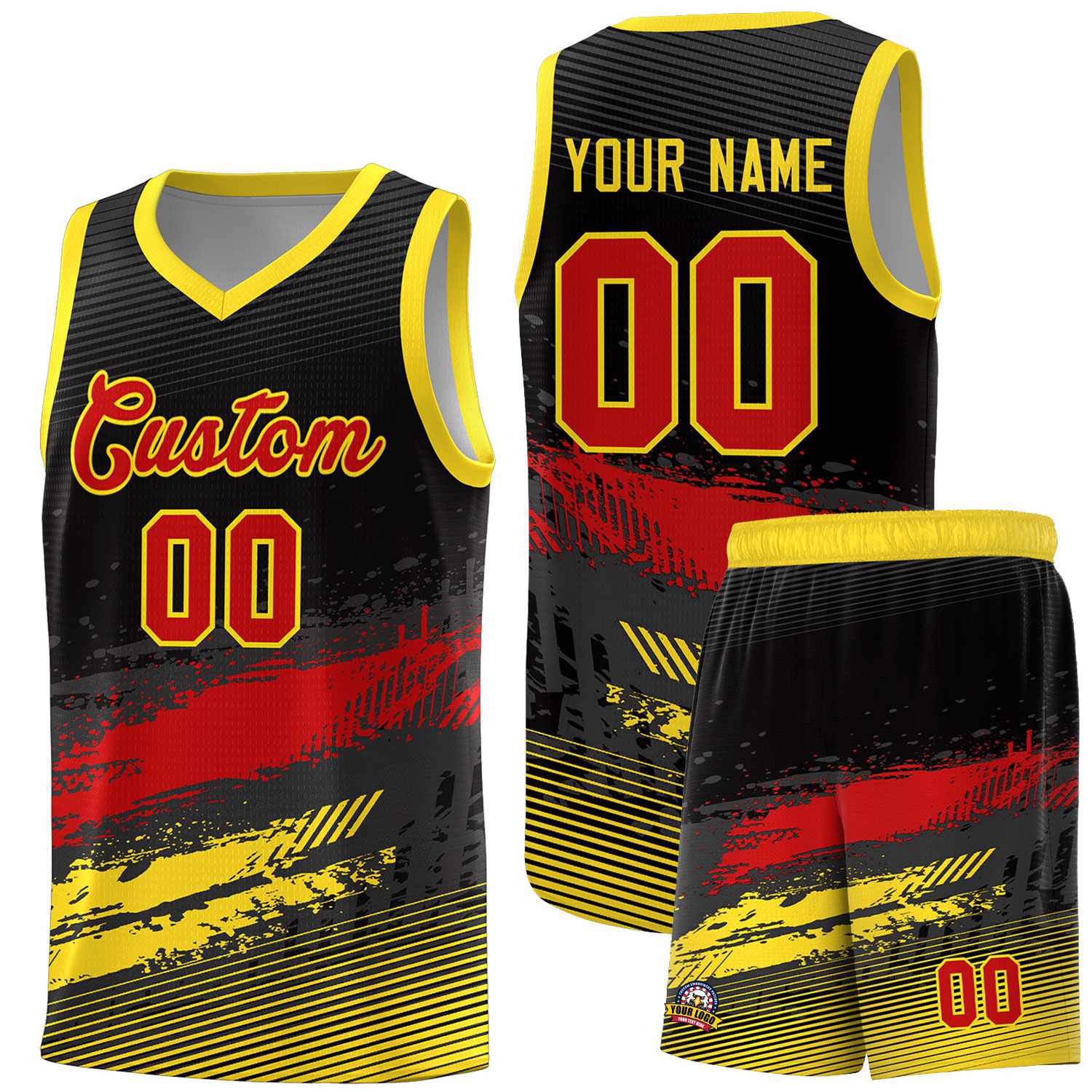 Custom Black Red and Gold Graffiti Pattern Sports Uniform Basketball Jersey