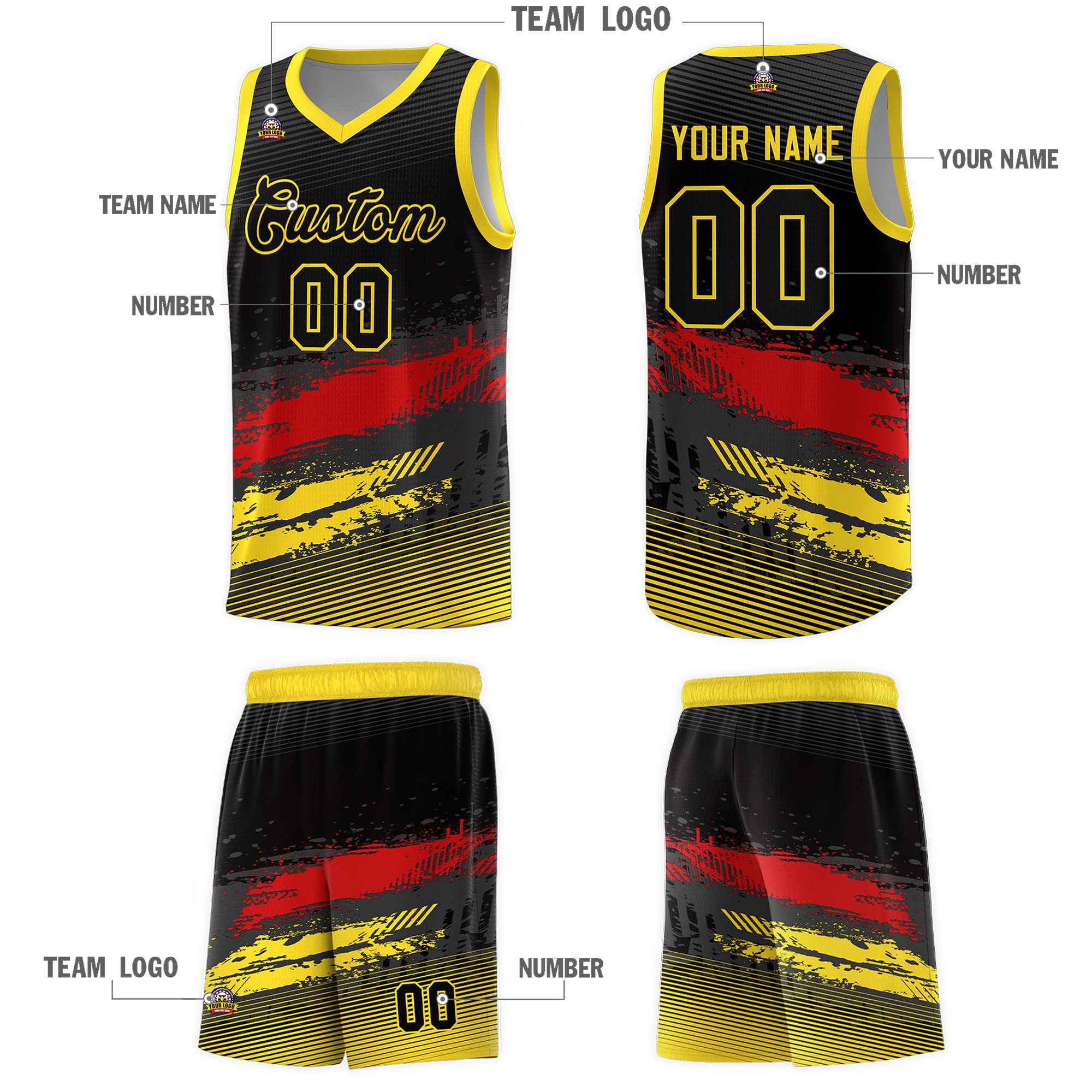 Custom Black Red and Gold Graffiti Pattern Sports Uniform Basketball Jersey