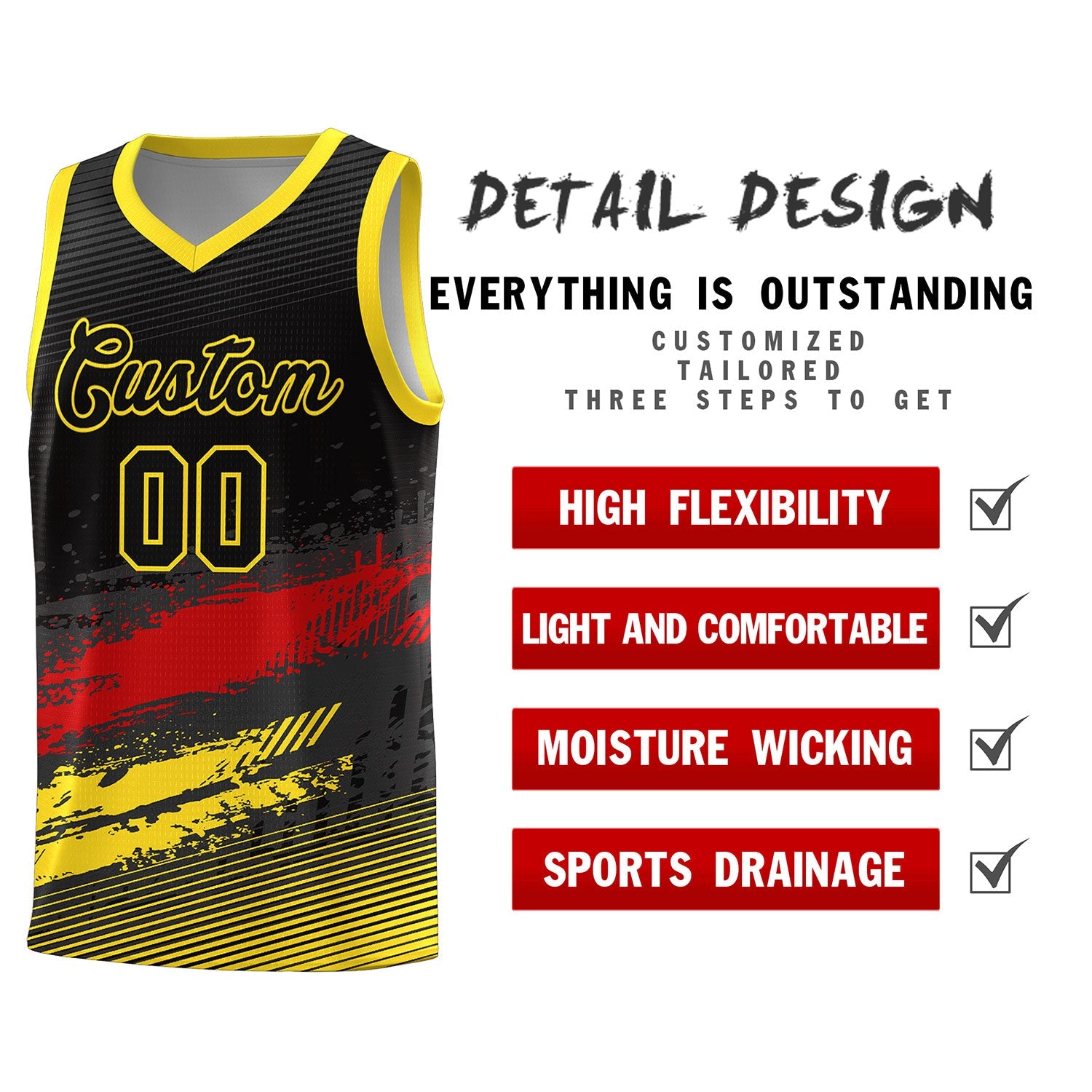 Custom Black Red and Gold Graffiti Pattern Sports Uniform Basketball Jersey