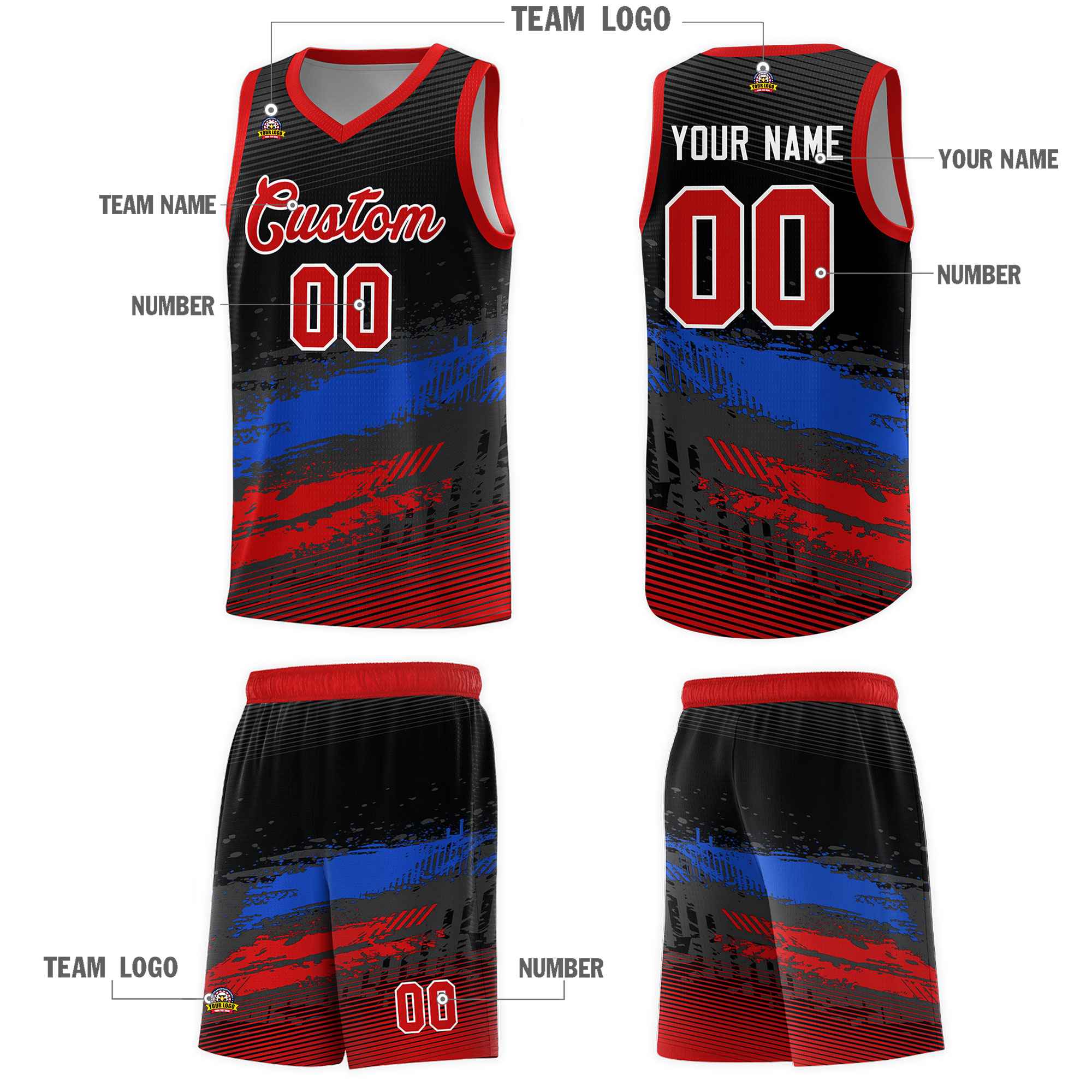 Custom Black Royal and Red Graffiti Pattern Sports Uniform Basketball Jersey