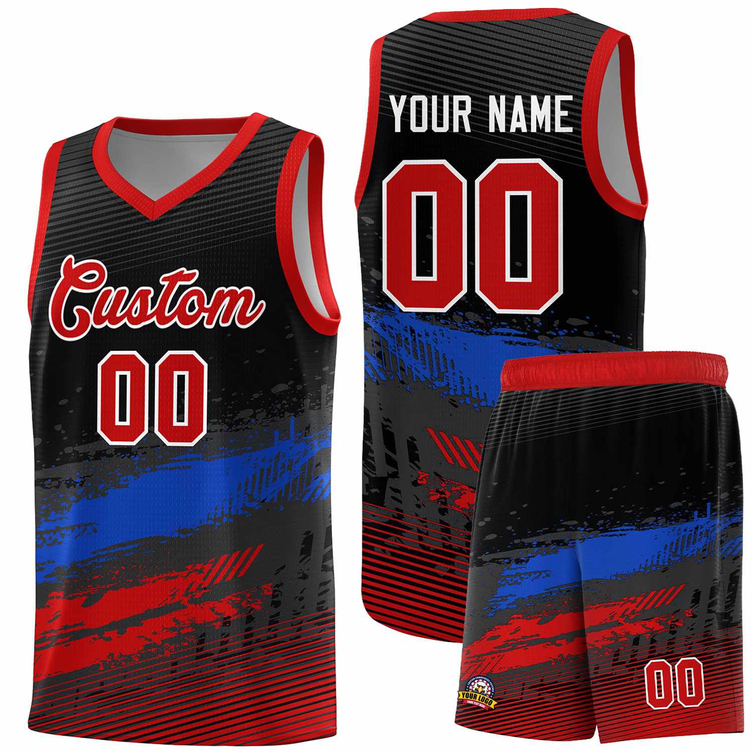 Custom Black Royal and Red Graffiti Pattern Sports Uniform Basketball Jersey