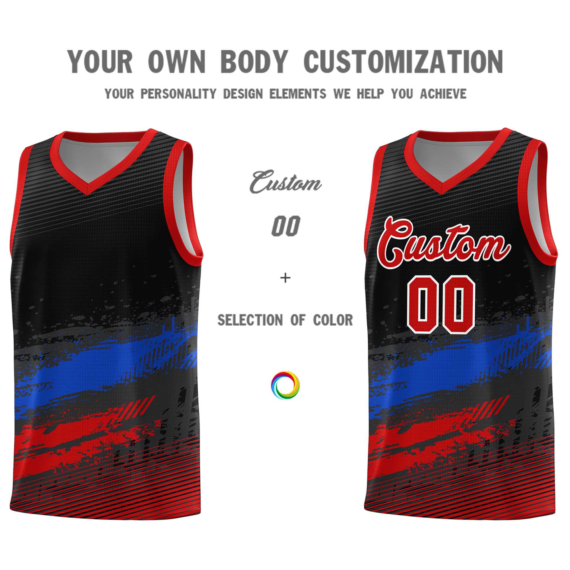 Custom Black Royal and Red Graffiti Pattern Sports Uniform Basketball Jersey