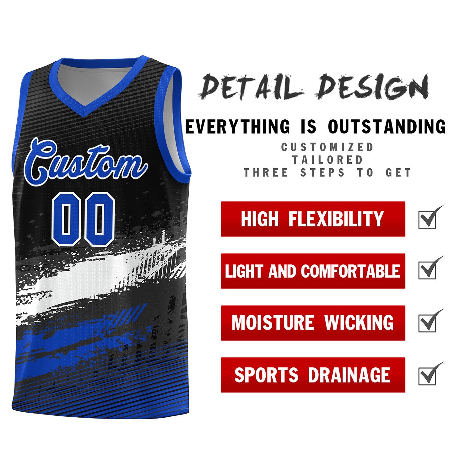 Custom Black White and Royal Graffiti Pattern Sports Uniform Basketball Jersey