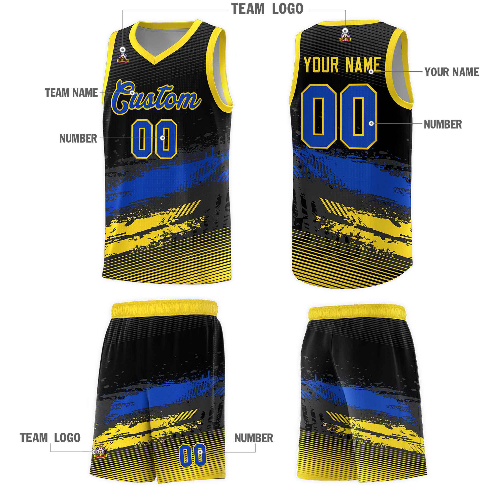 Custom Black Royal and Gold Graffiti Pattern Sports Uniform Basketball Jersey