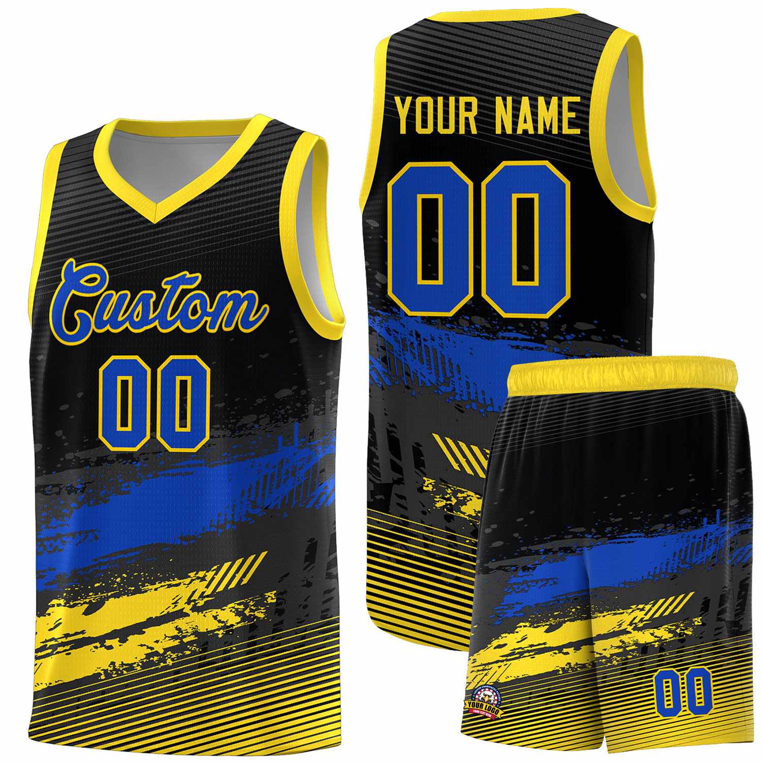 Custom Black Royal and Gold Graffiti Pattern Sports Uniform Basketball Jersey