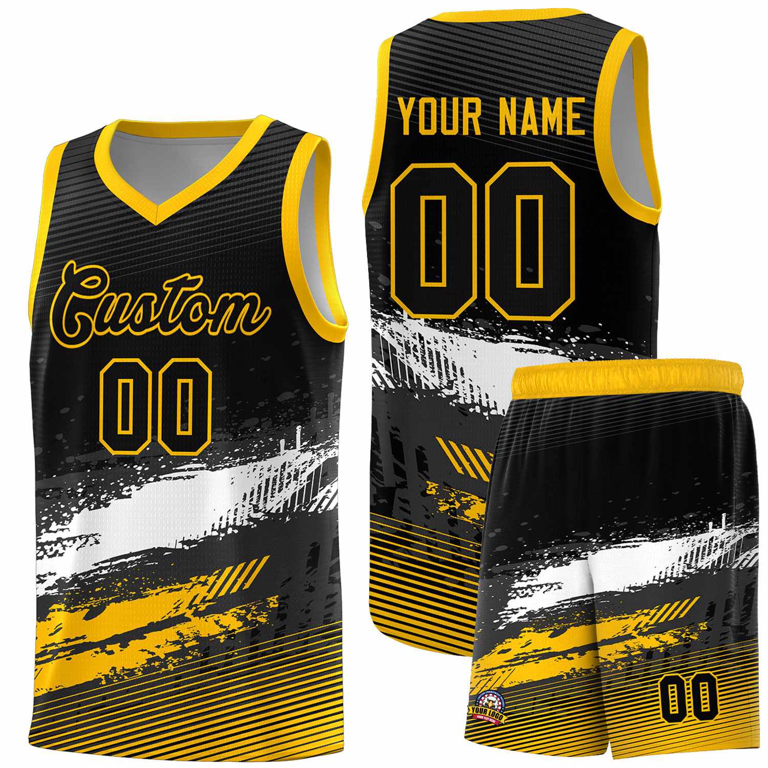 Custom Black White and Yellow Graffiti Pattern Sports Uniform Basketball Jersey