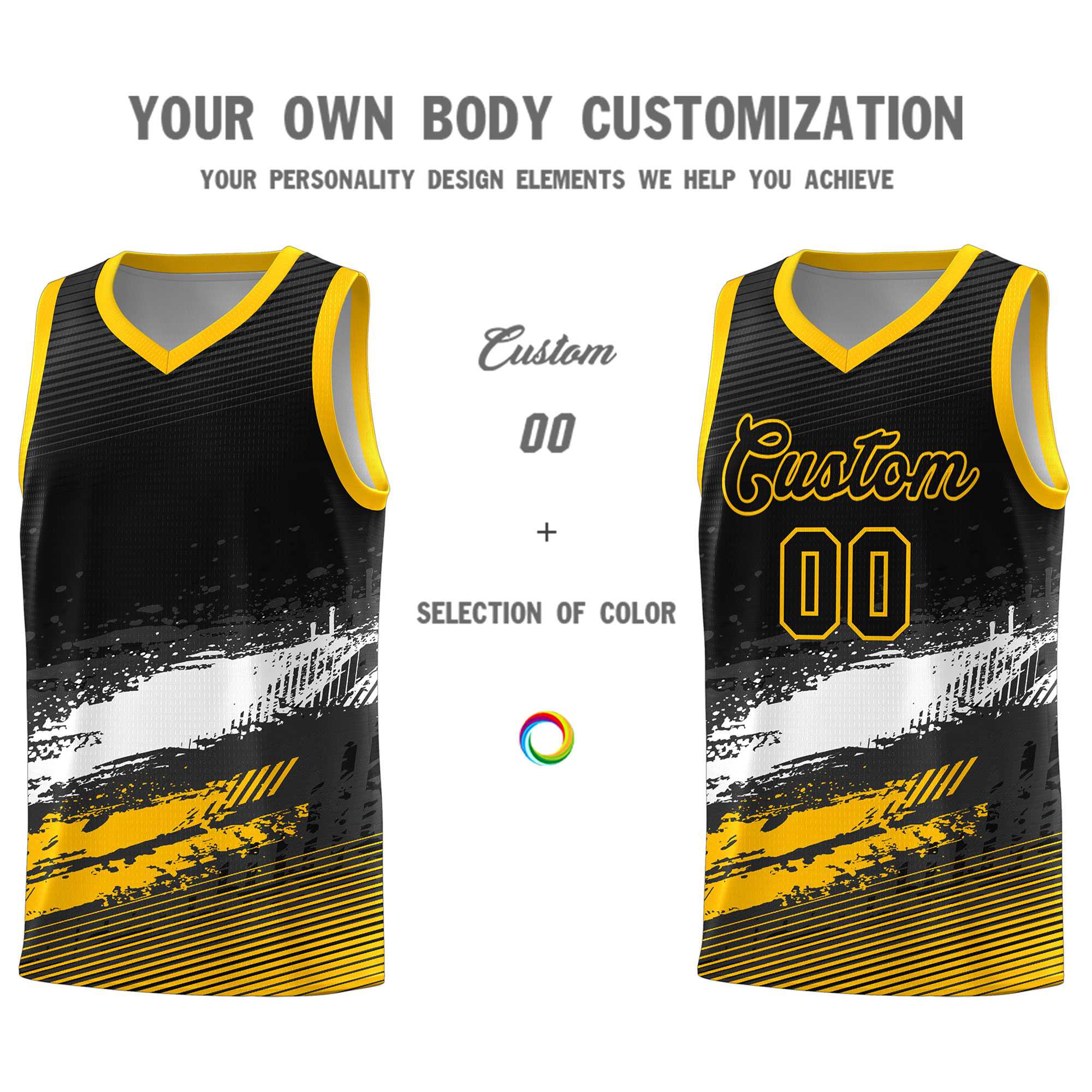 Custom Black White and Yellow Graffiti Pattern Sports Uniform Basketball Jersey