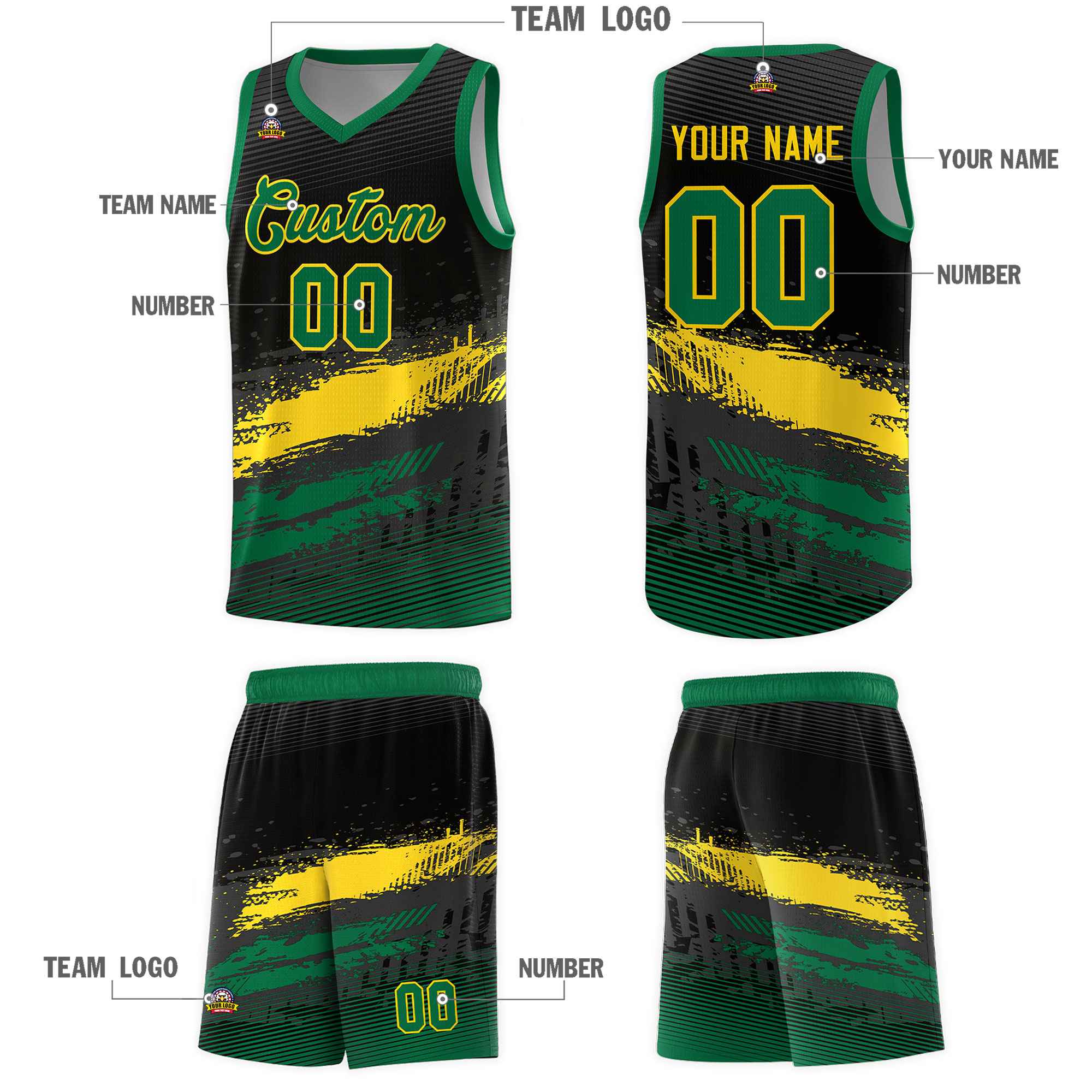 Custom Black Yellow and Kelly Green Graffiti Pattern Sports Uniform Basketball Jersey