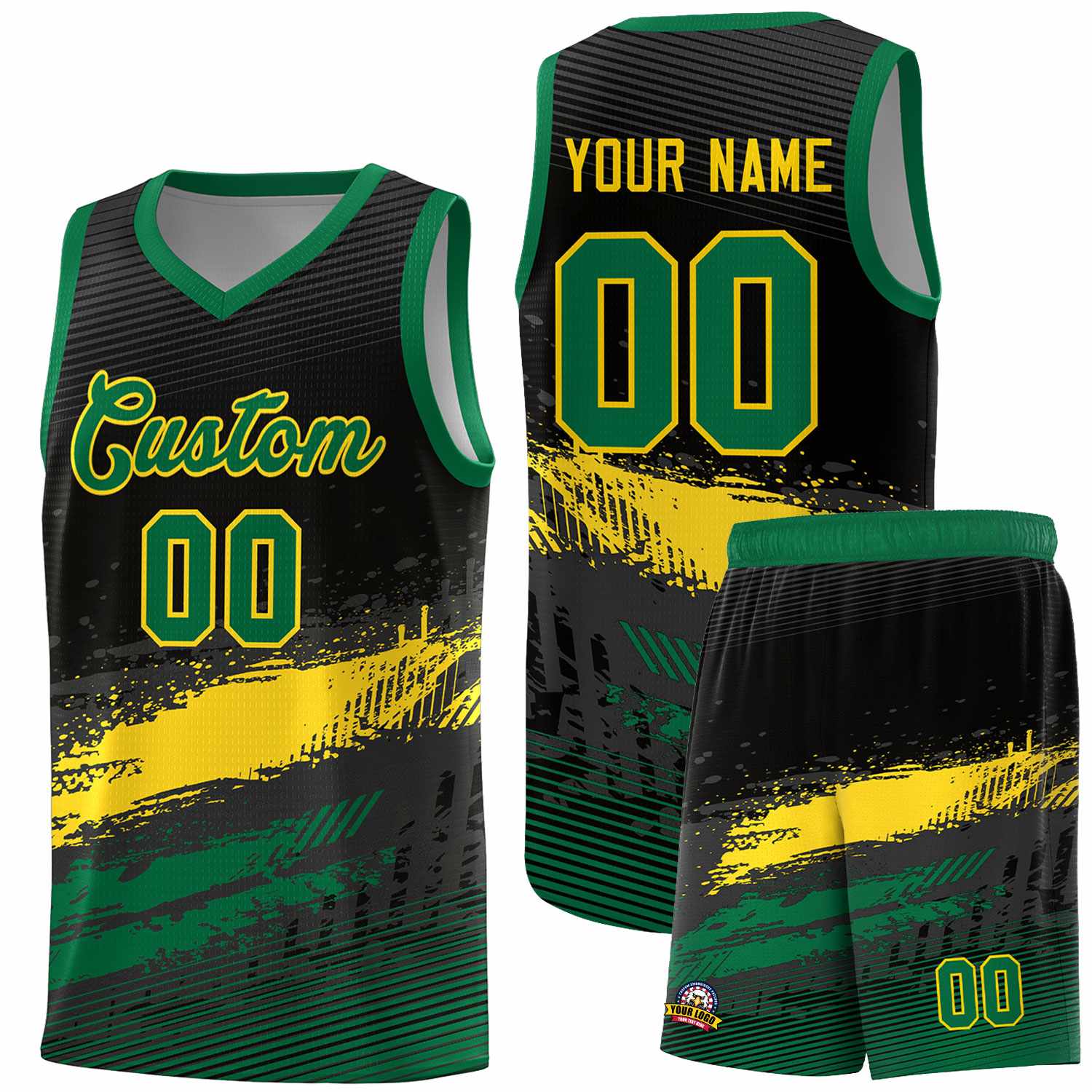 Custom Black Yellow and Kelly Green Graffiti Pattern Sports Uniform Basketball Jersey