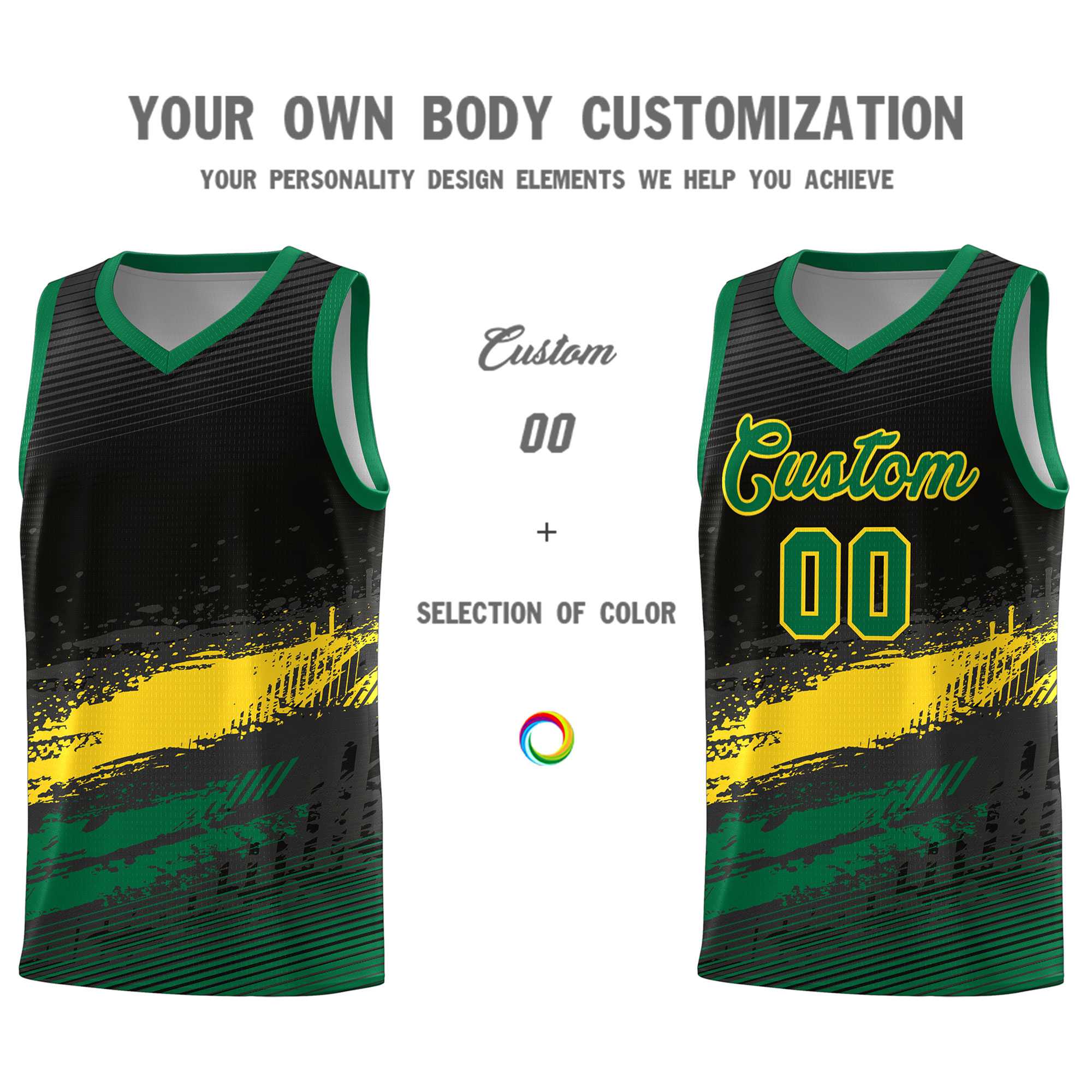 Custom Black Yellow and Kelly Green Graffiti Pattern Sports Uniform Basketball Jersey