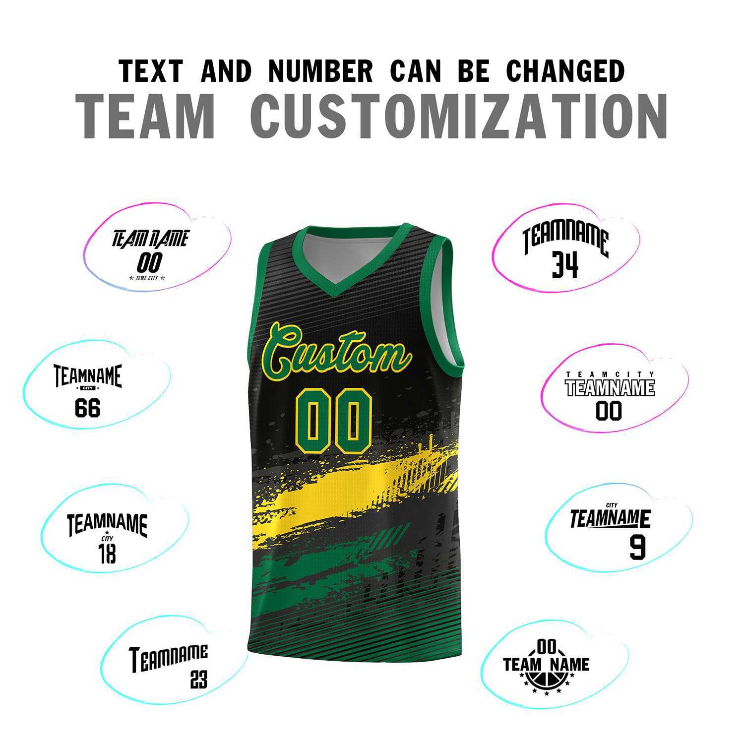 Custom Black Yellow and Kelly Green Graffiti Pattern Sports Uniform Basketball Jersey