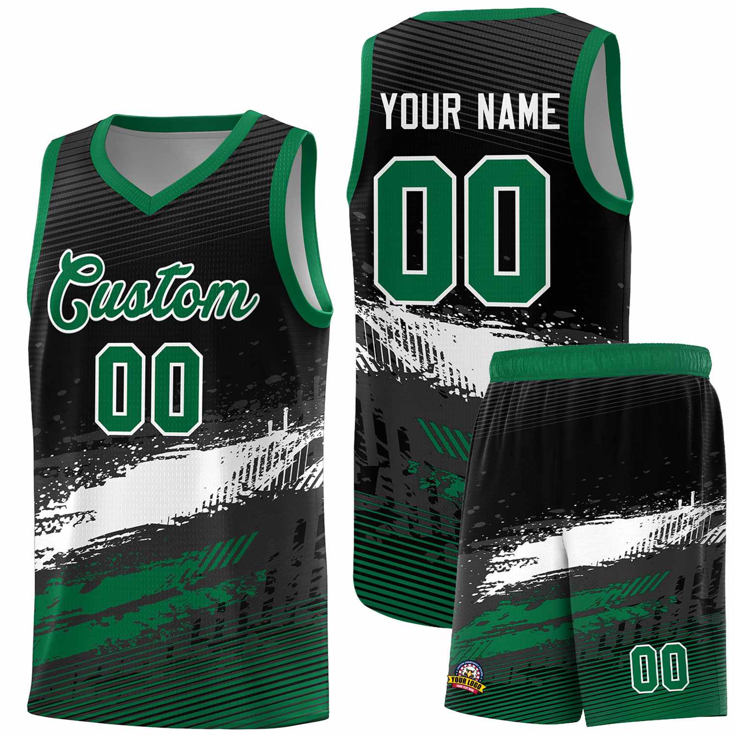 Custom Black White and Kelly Green Graffiti Pattern Sports Uniform Basketball Jersey