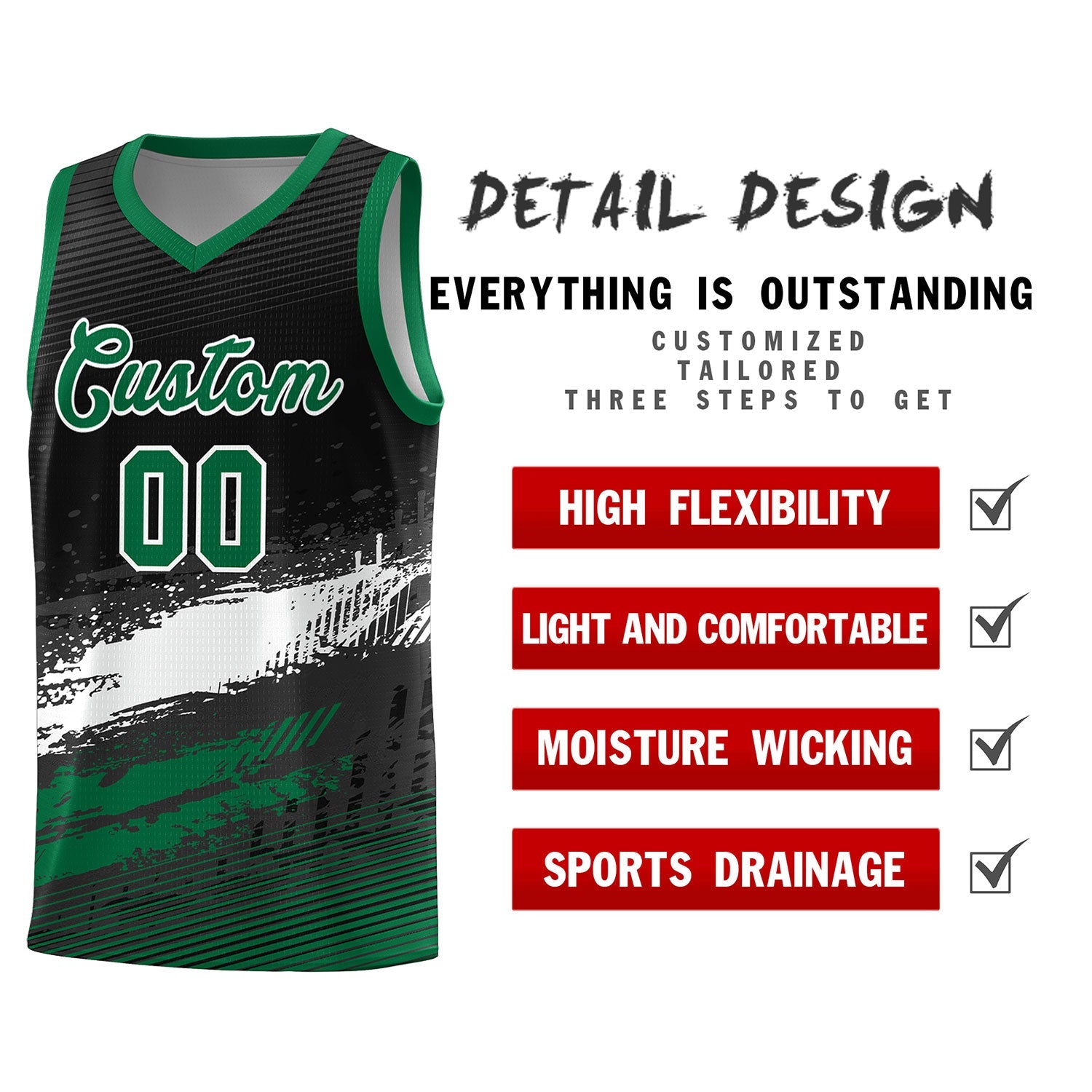 Custom Black White and Kelly Green Graffiti Pattern Sports Uniform Basketball Jersey