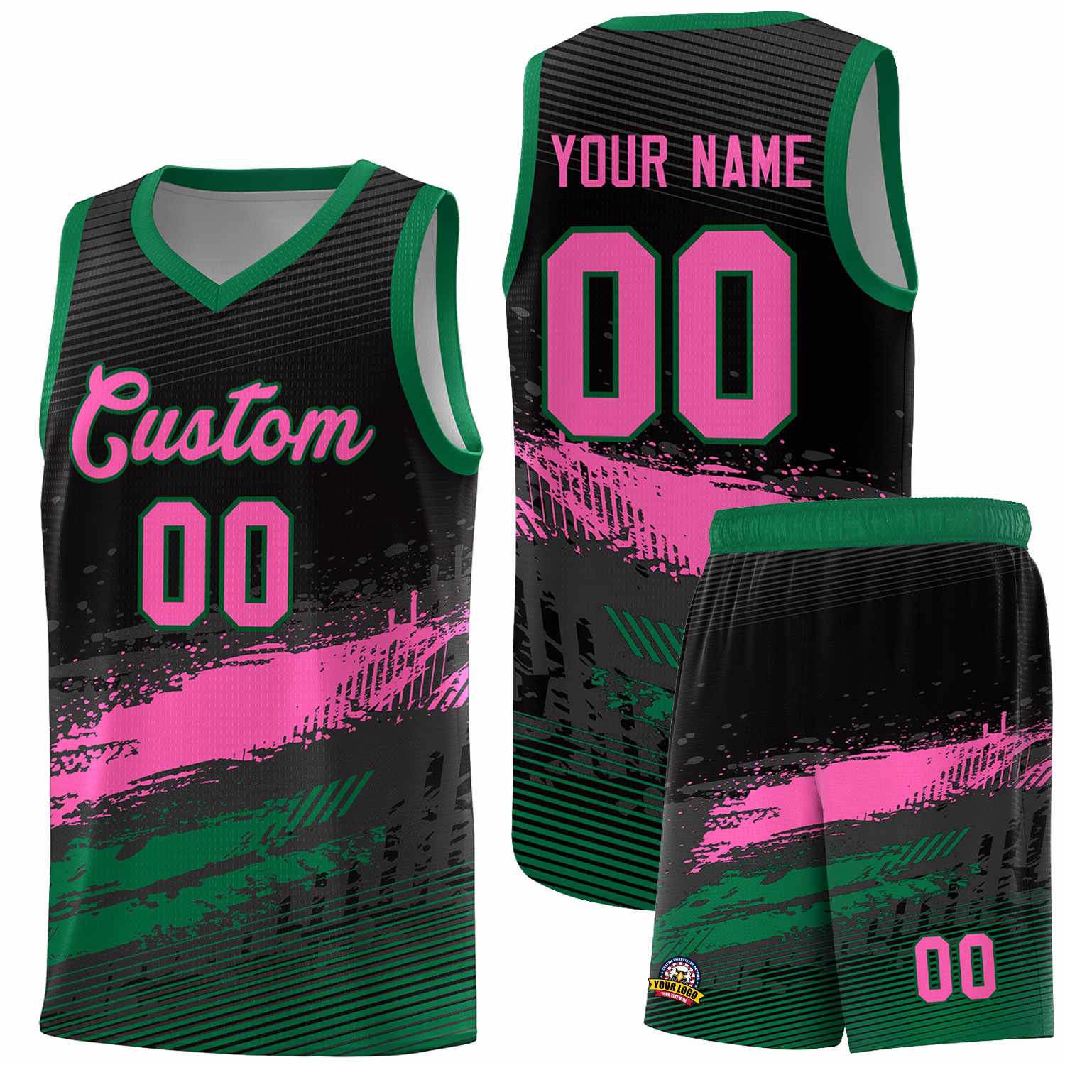 Custom Black Pink and Kelly Green Graffiti Pattern Sports Uniform Basketball Jersey