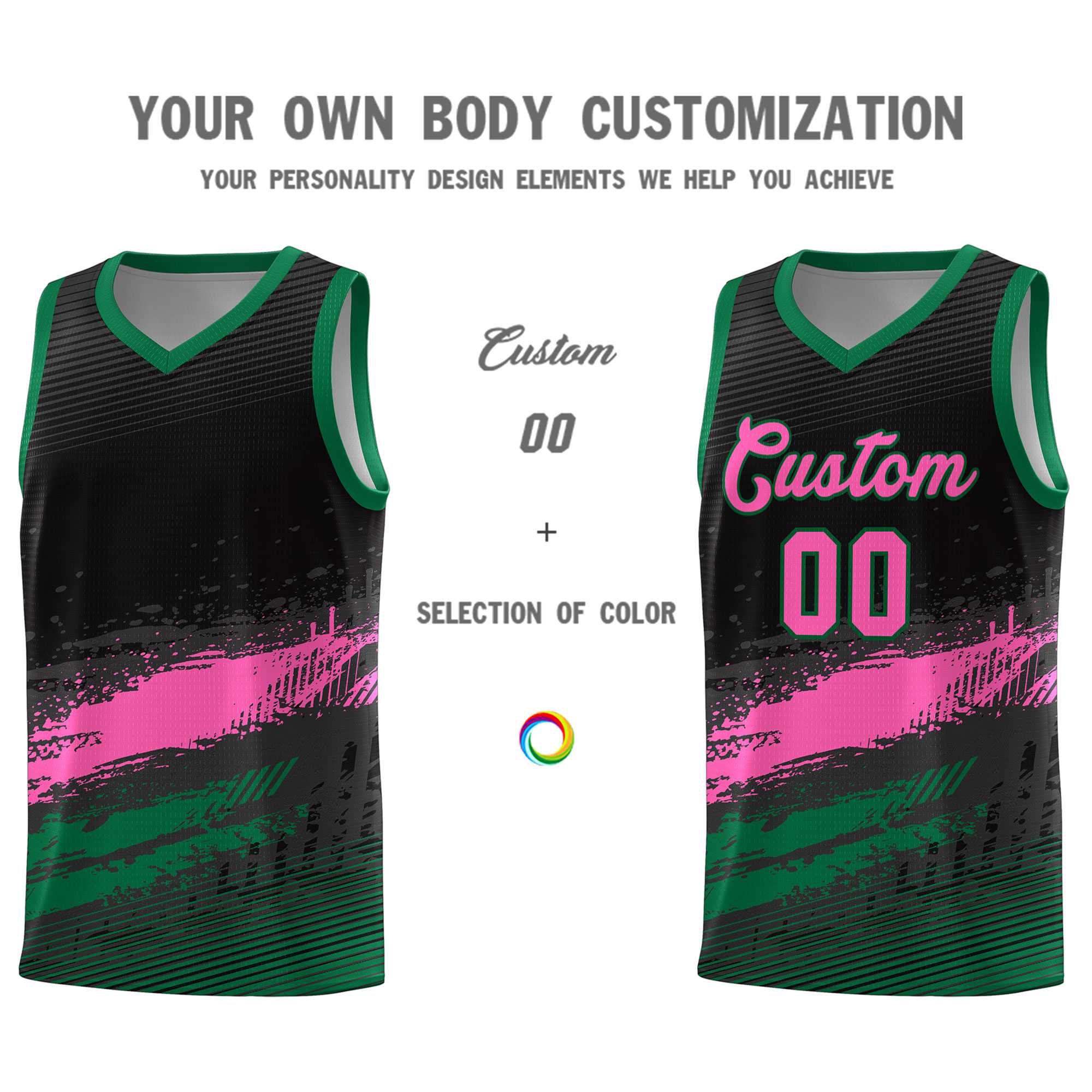 Custom Black Pink and Kelly Green Graffiti Pattern Sports Uniform Basketball Jersey