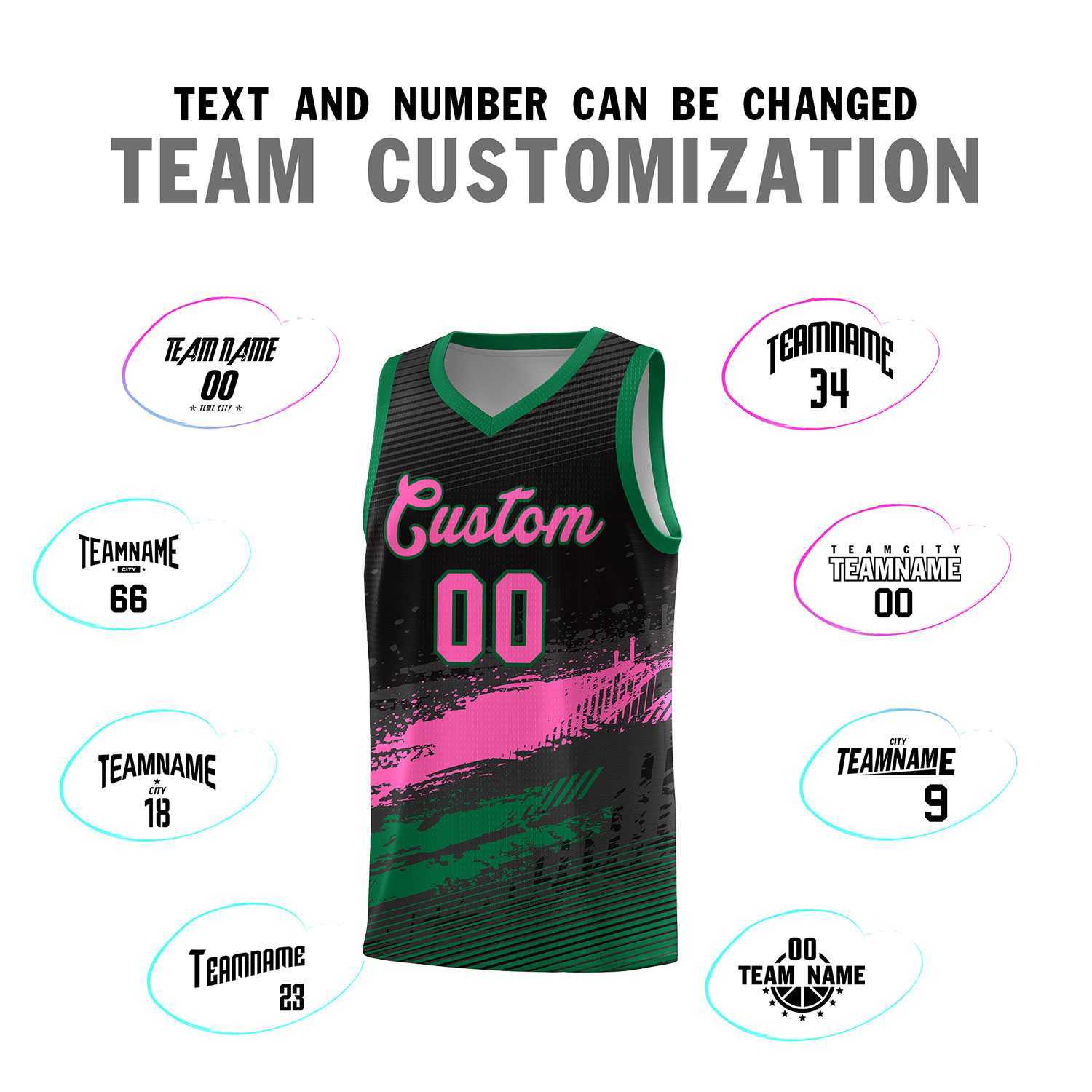 Custom Black Pink and Kelly Green Graffiti Pattern Sports Uniform Basketball Jersey