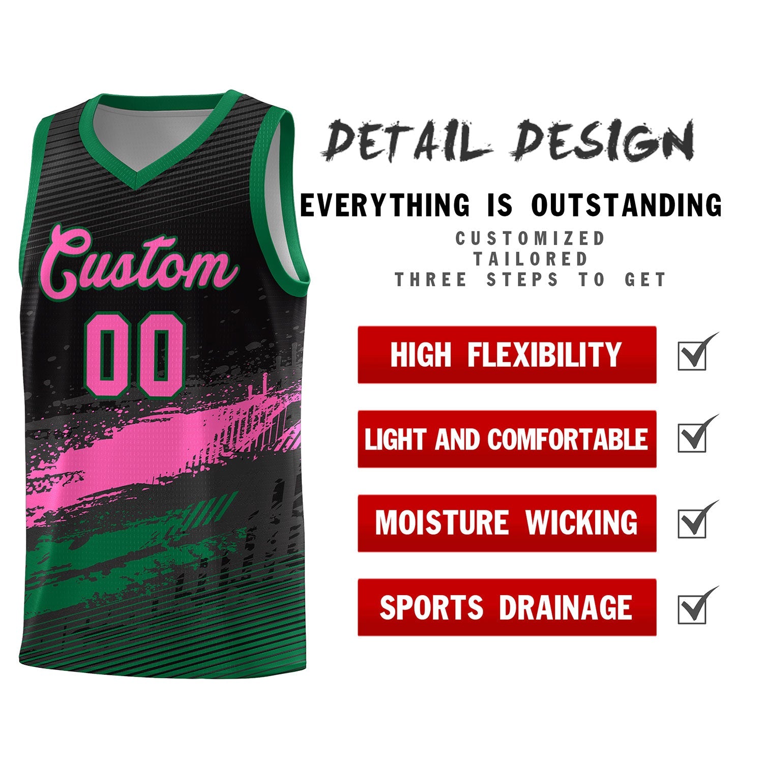 Custom Black Pink and Kelly Green Graffiti Pattern Sports Uniform Basketball Jersey