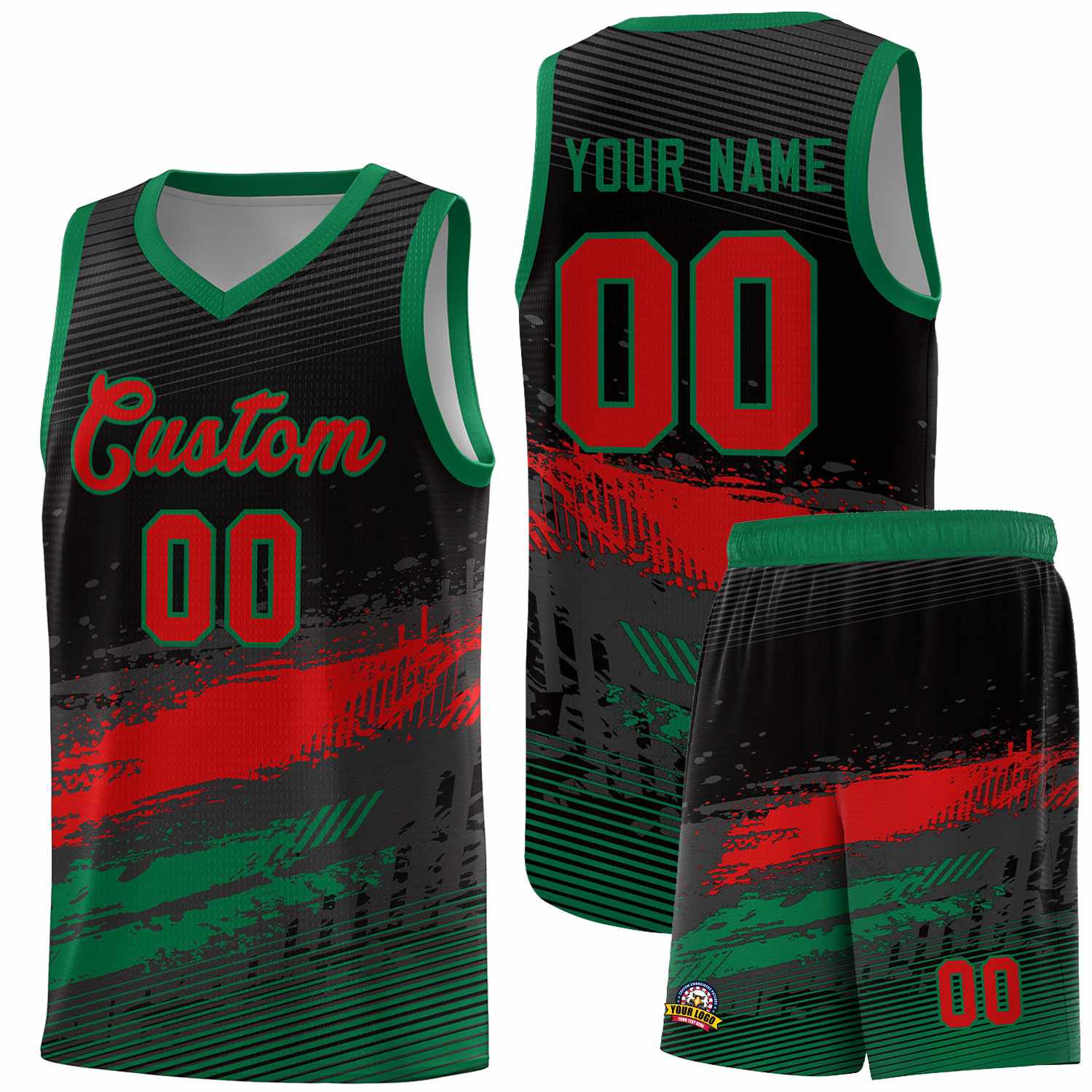 Custom Black Red and Kelly Green Graffiti Pattern Sports Uniform Basketball Jersey