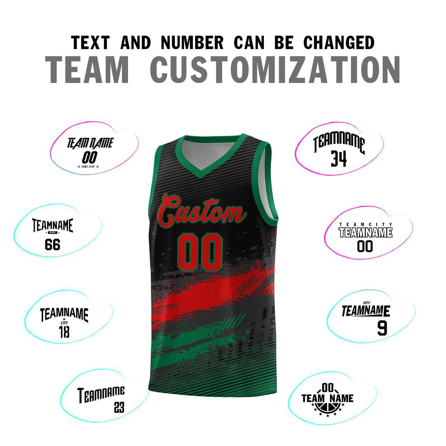 Custom Black Red and Kelly Green Graffiti Pattern Sports Uniform Basketball Jersey