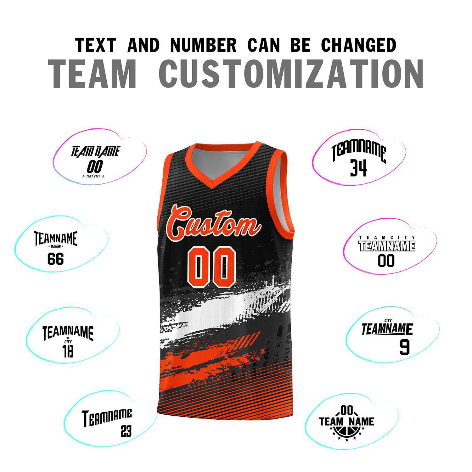 Custom Black White and Orange Graffiti Pattern Sports Uniform Basketball Jersey