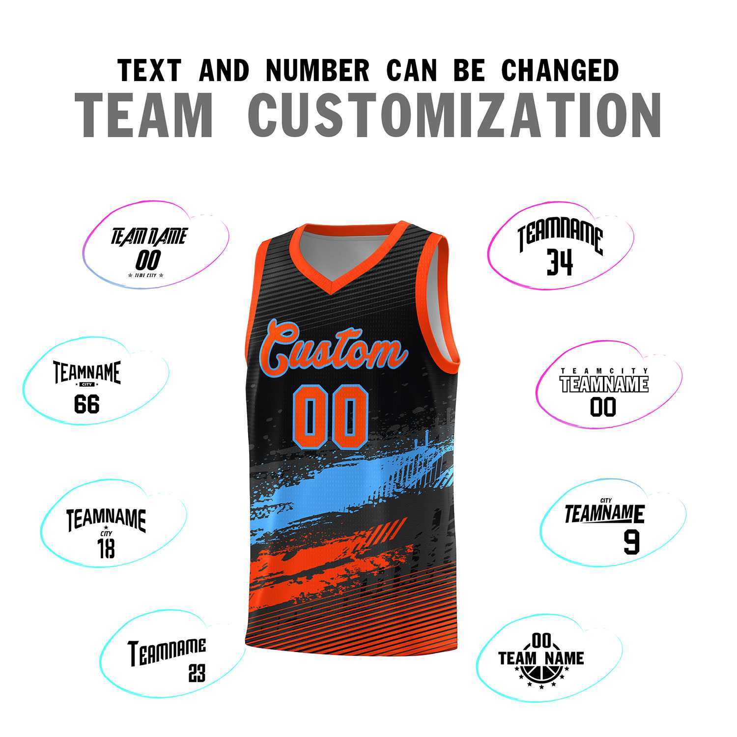 Custom Black Powder Blue and Orange Graffiti Pattern Sports Uniform Basketball Jersey